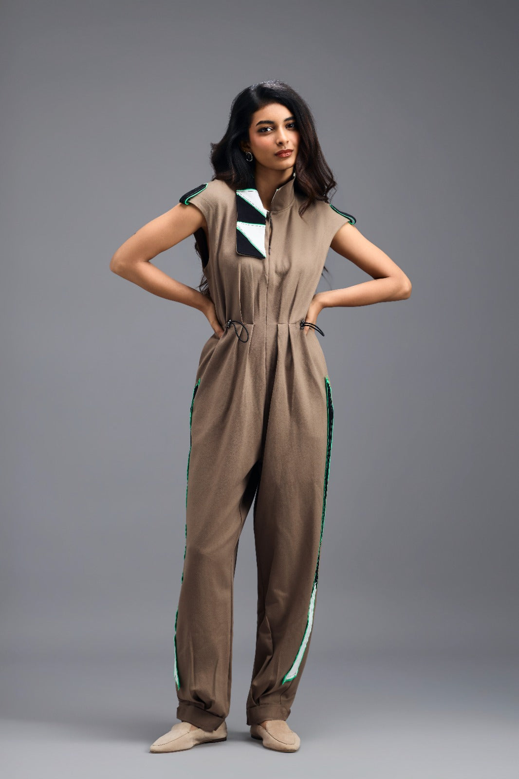 MUD MEGA SLEEVE ZIP-FRONT JUMPSUIT WITH CONTRAST STRIPES