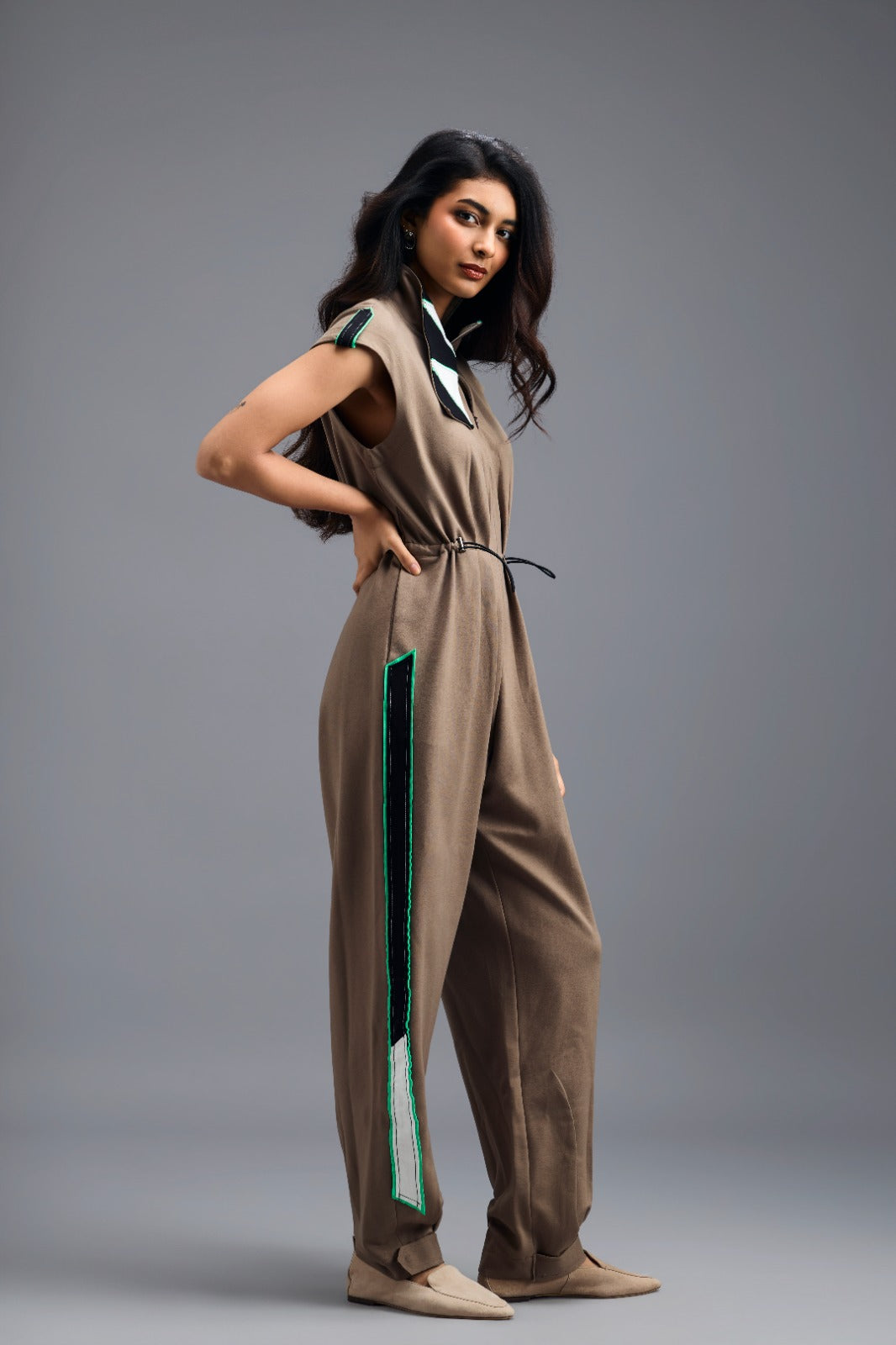 MUD MEGA SLEEVE ZIP-FRONT JUMPSUIT WITH CONTRAST STRIPES