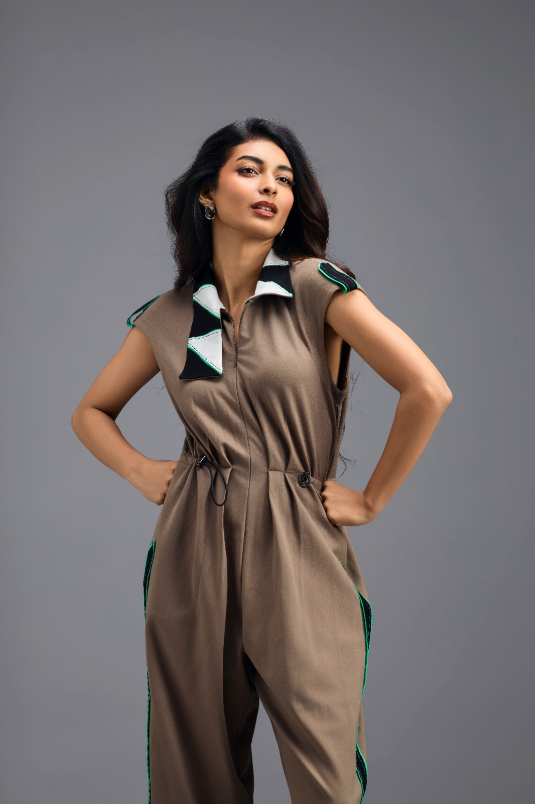 MUD MEGA SLEEVE ZIP-FRONT JUMPSUIT WITH CONTRAST STRIPES