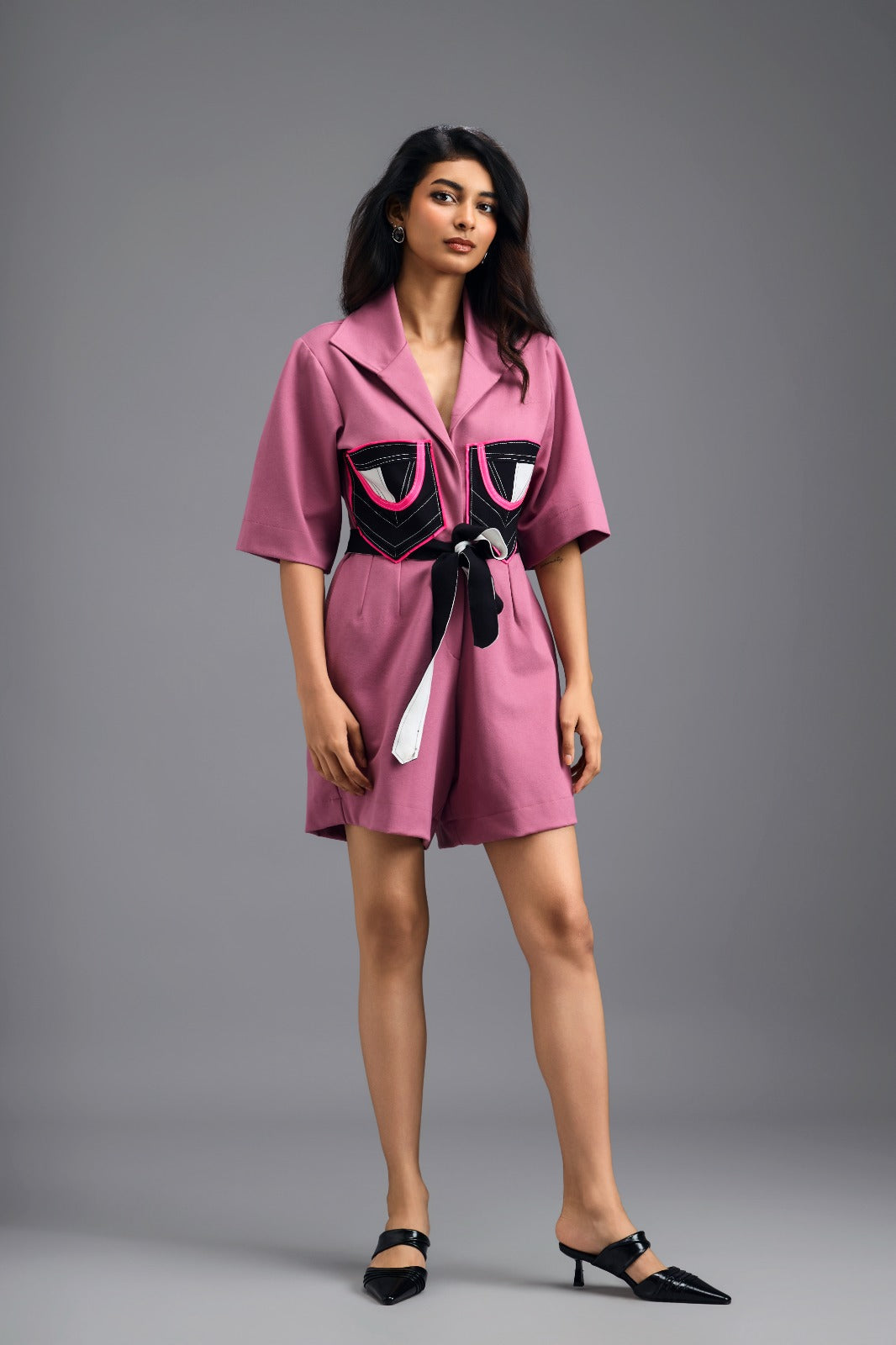 PINK TAILORED PLAYSUIT WITH NEON COLOUR-BLOCK POCKET PANEL