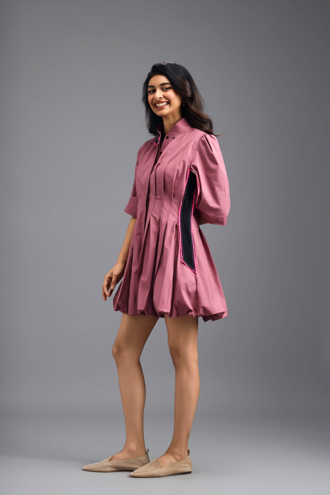 DUSTY PINK PLEATED MINI DRESS WITH NEON PANELLED SIDE DETAIL AND BUBBLE HEM