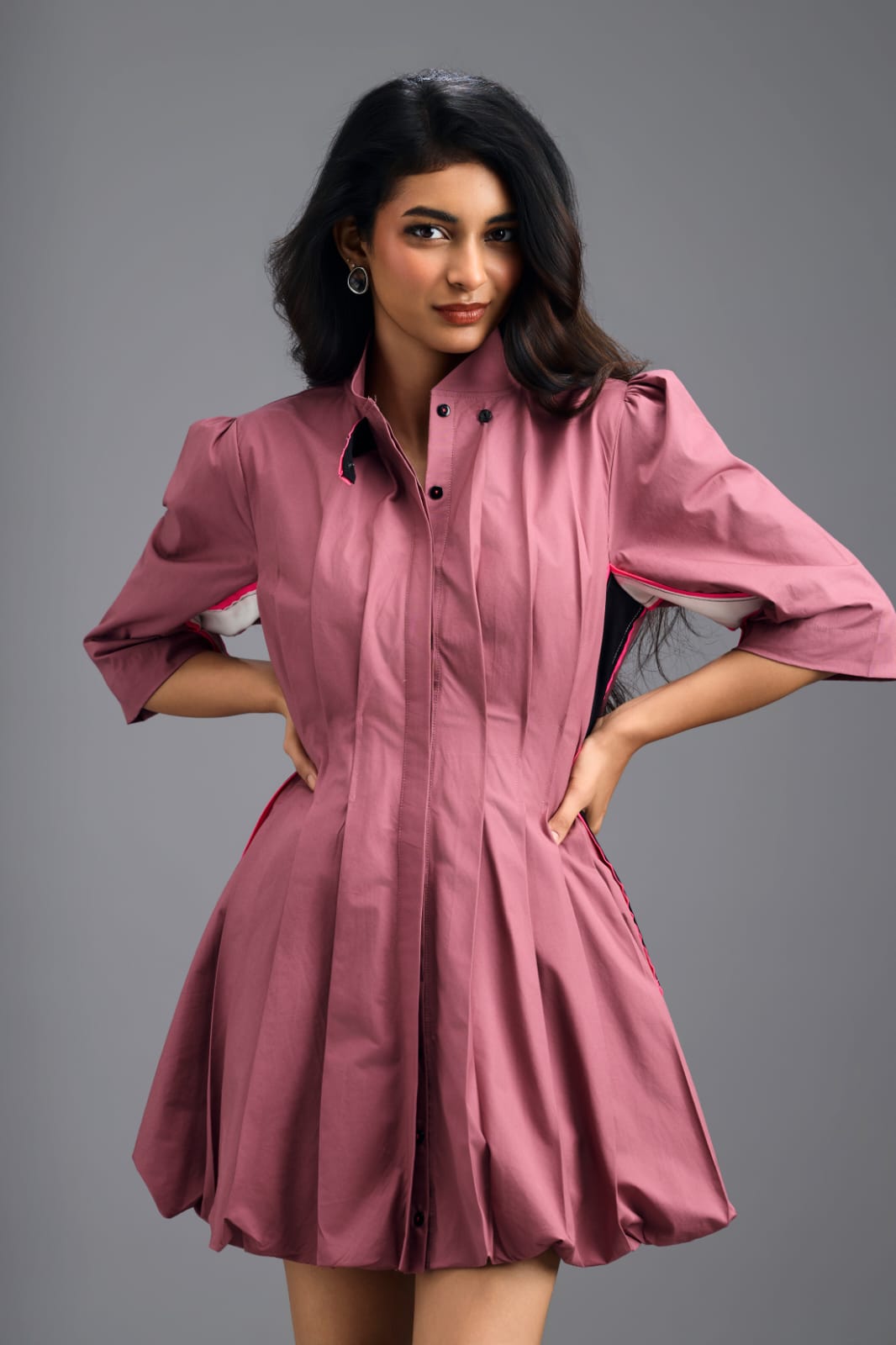 DUSTY PINK PLEATED MINI DRESS WITH NEON PANELLED SIDE DETAIL AND BUBBLE HEM