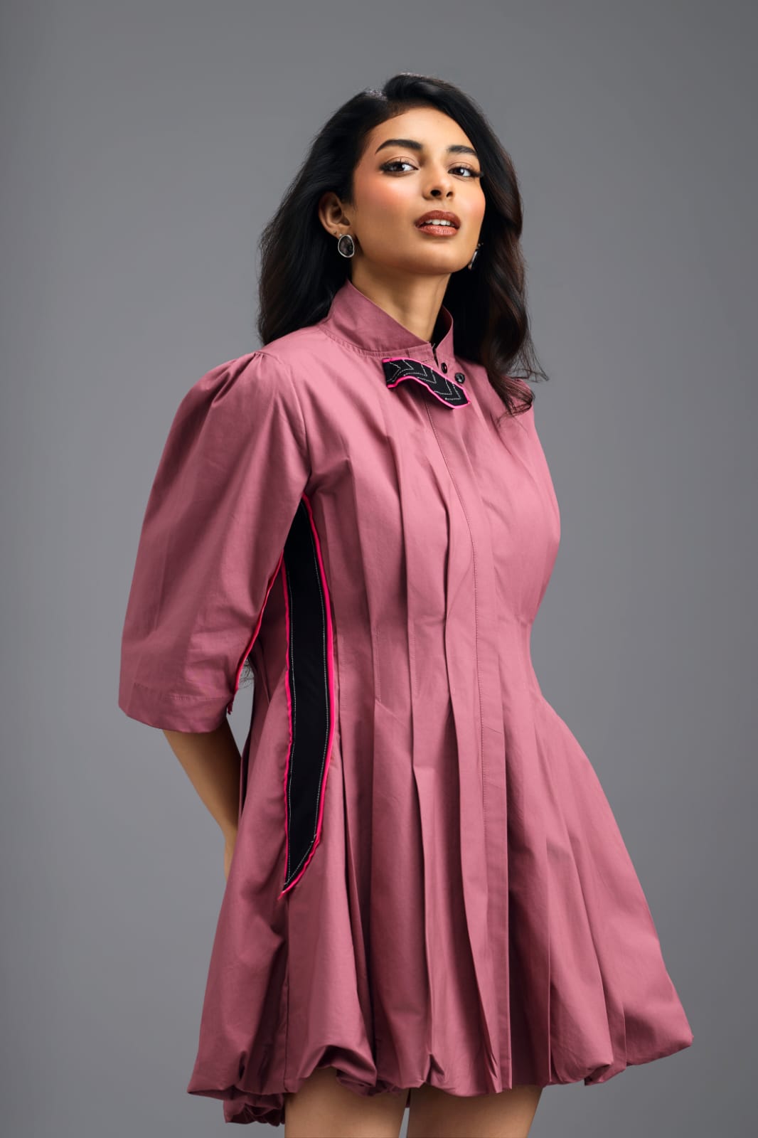 DUSTY PINK PLEATED MINI DRESS WITH NEON PANELLED SIDE DETAIL AND BUBBLE HEM