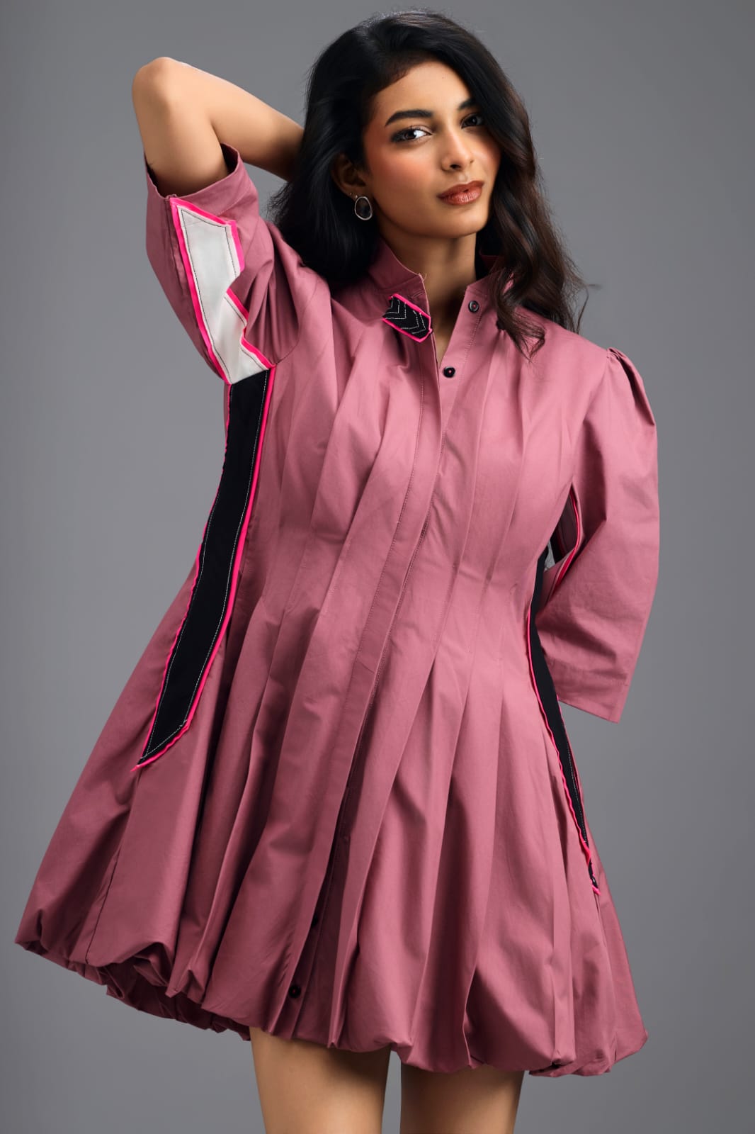 DUSTY PINK PLEATED MINI DRESS WITH NEON PANELLED SIDE DETAIL AND BUBBLE HEM