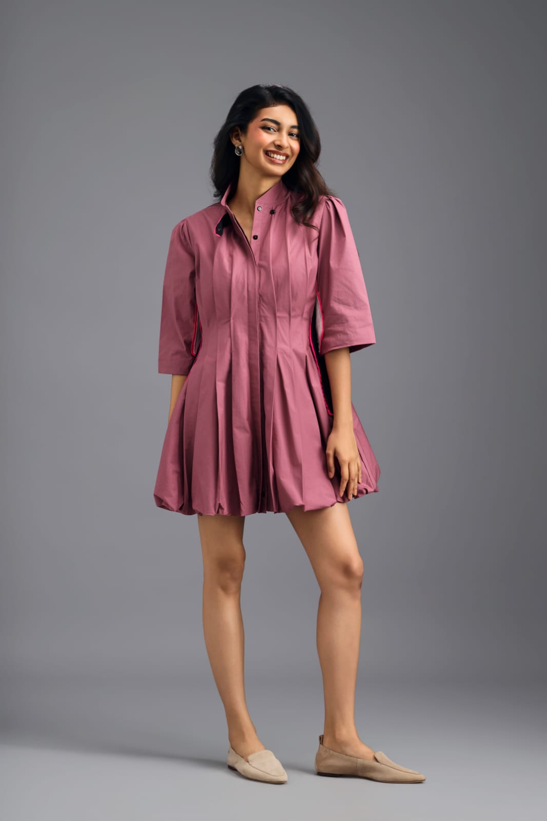 DUSTY PINK PLEATED MINI DRESS WITH NEON PANELLED SIDE DETAIL AND BUBBLE HEM