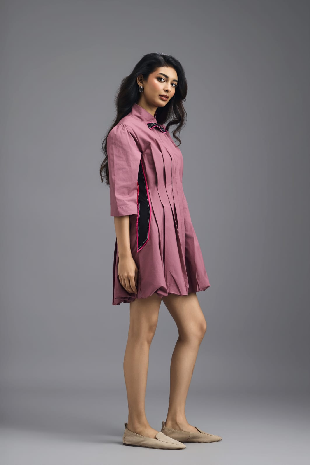 DUSTY PINK PLEATED MINI DRESS WITH NEON PANELLED SIDE DETAIL AND BUBBLE HEM