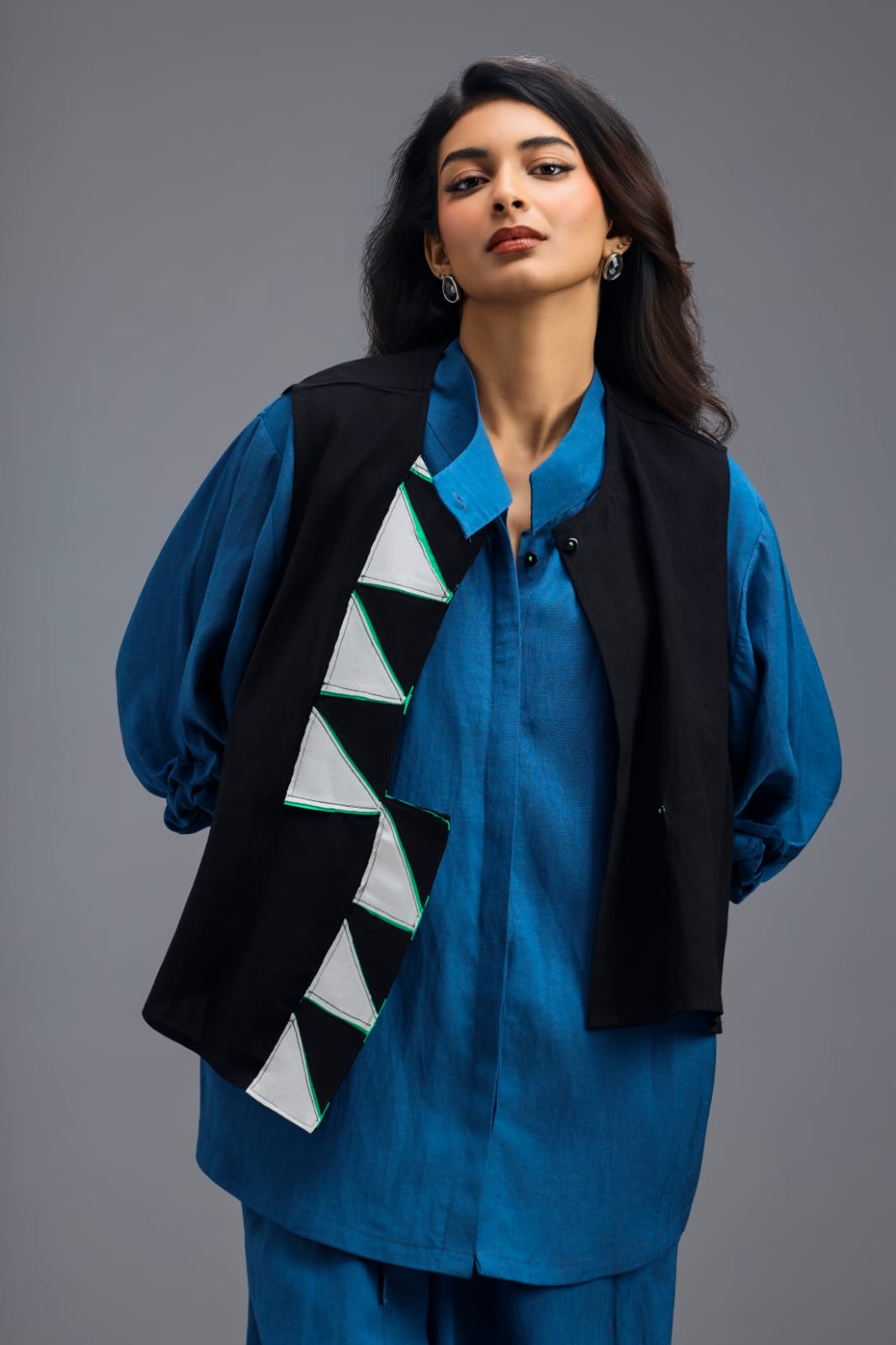 BLACK CO-ORD SET WITH NEON PIPED JACKET, BLUE SHIRT AND LINEN PANTS