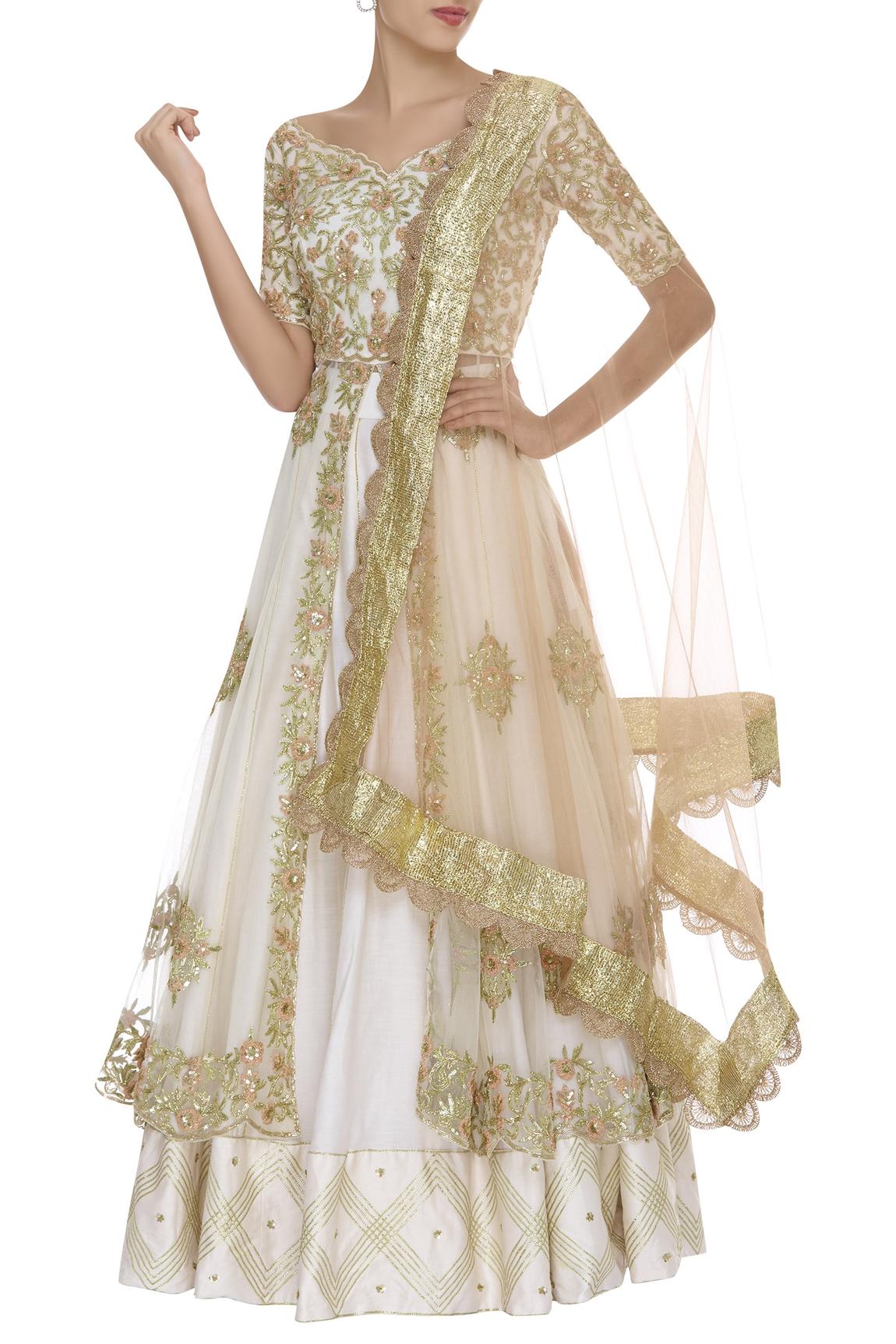 White Chanderi Silk Kurta Lehenga Set