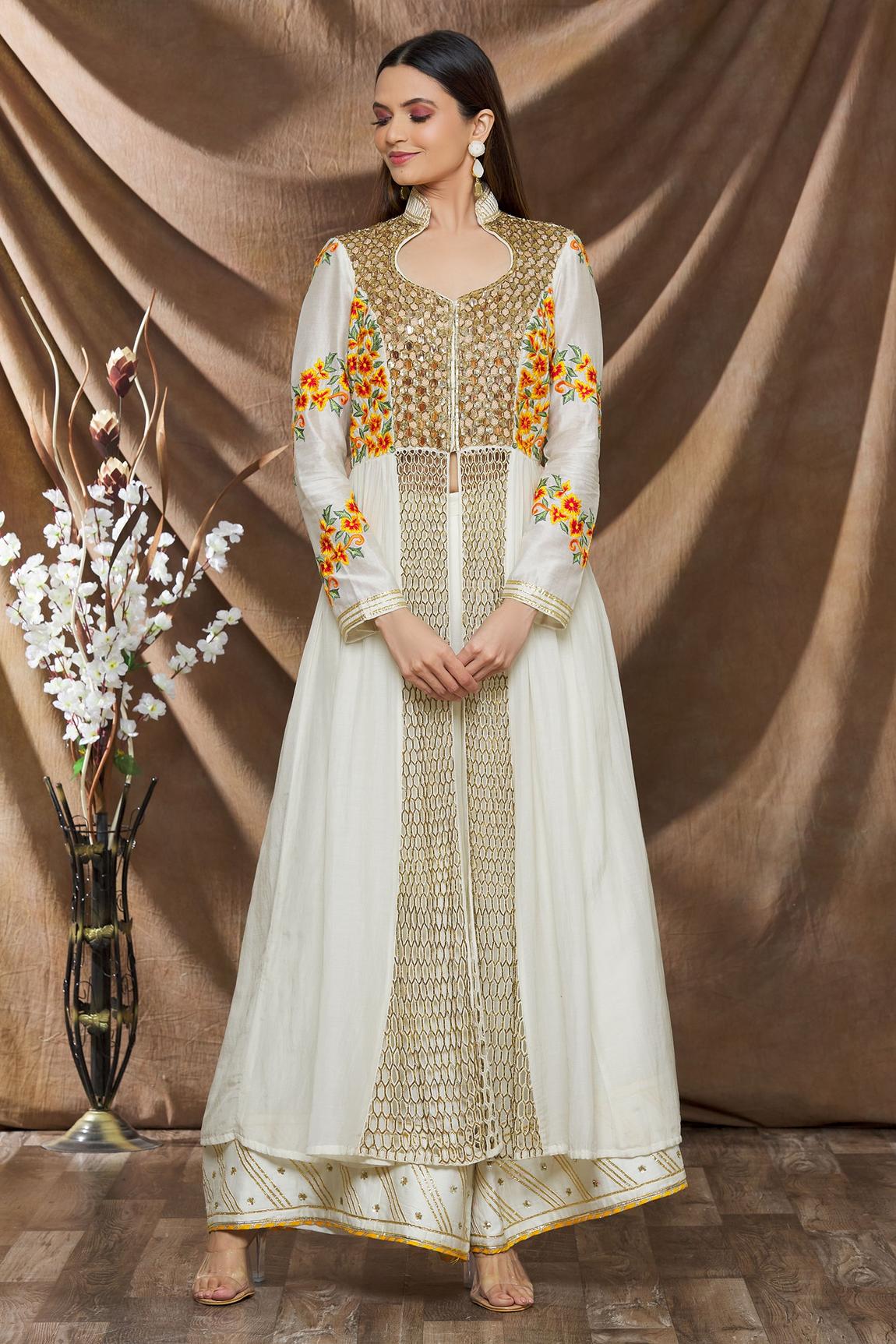 White Cotton Silk Embroidered Anarkali And Palazzo Set