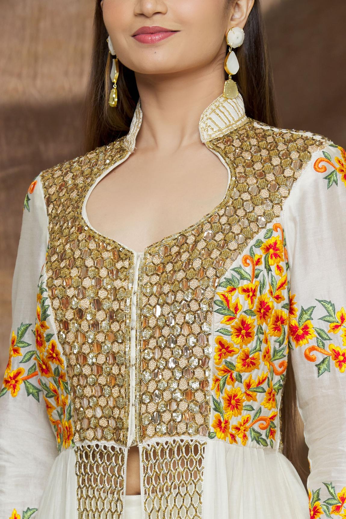 White Cotton Silk Embroidered Anarkali And Palazzo Set