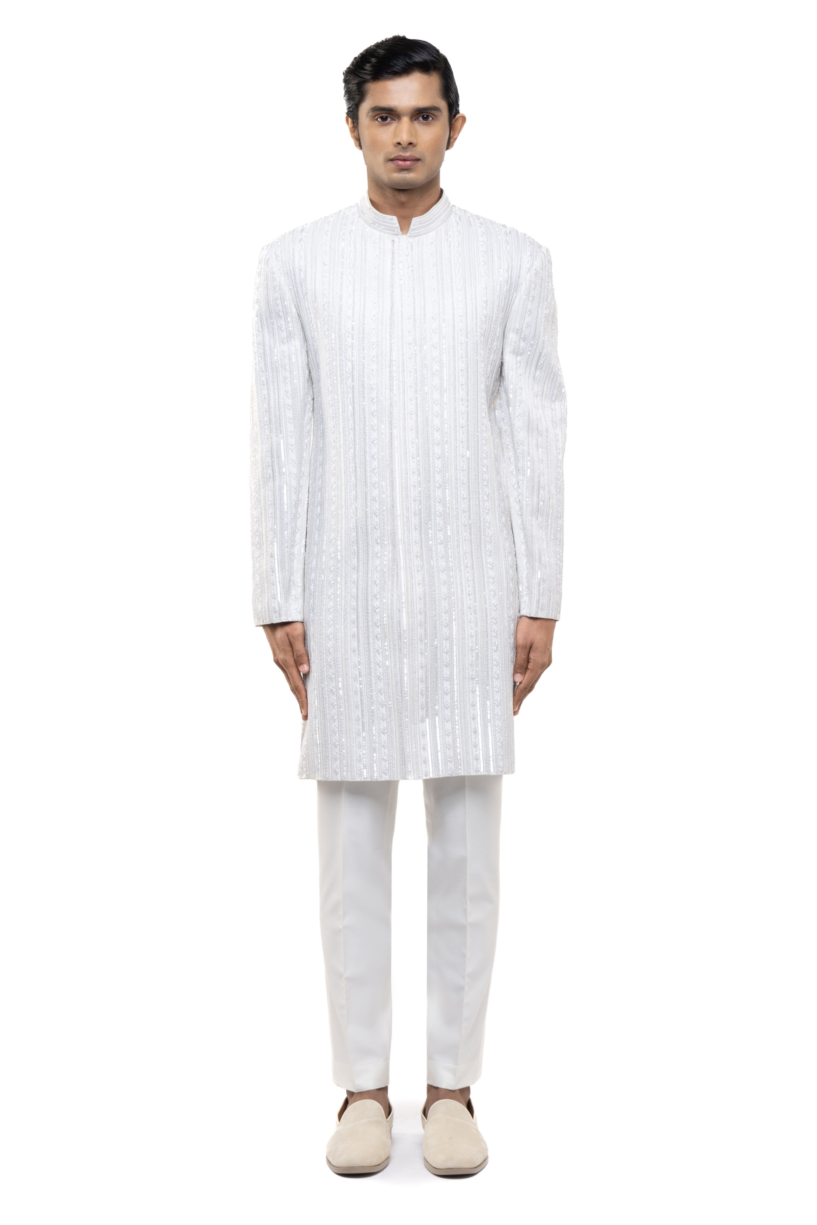 White Stitchline Embellished Sherwani Set Front Look