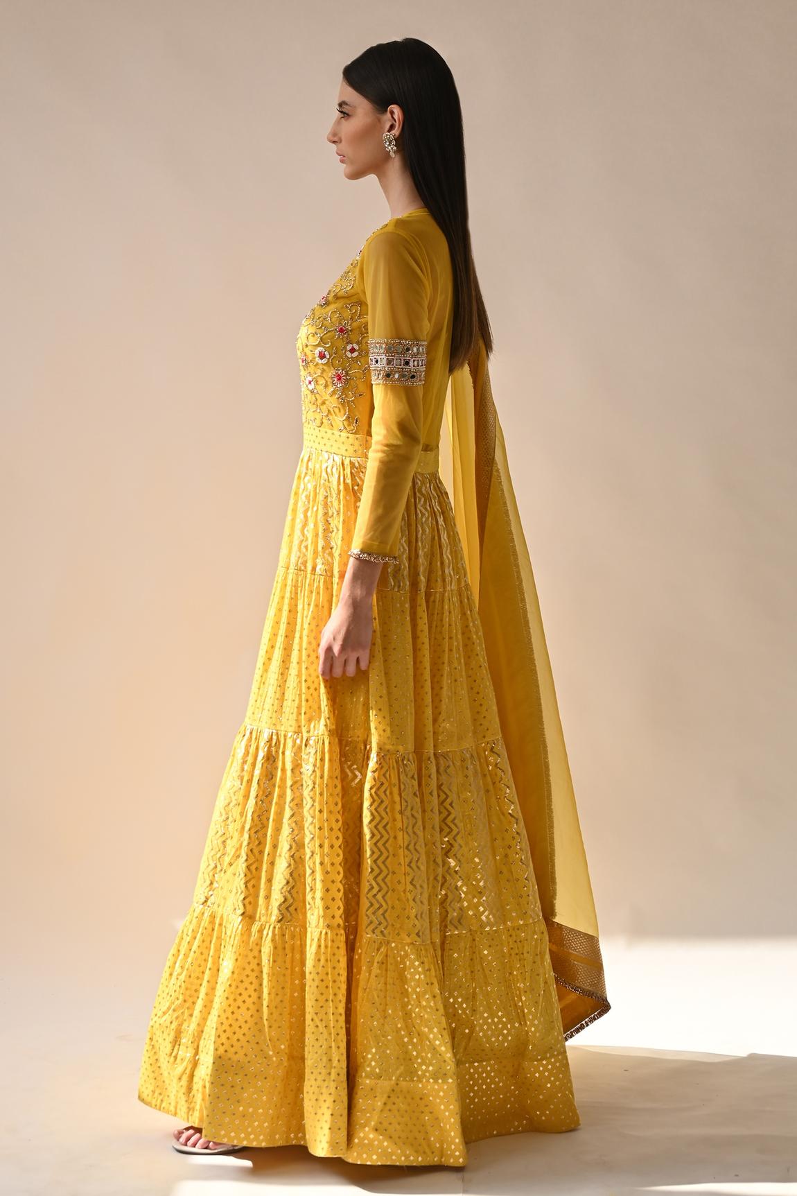 Yellow Chanderi Silk Anarkali With Dupatta