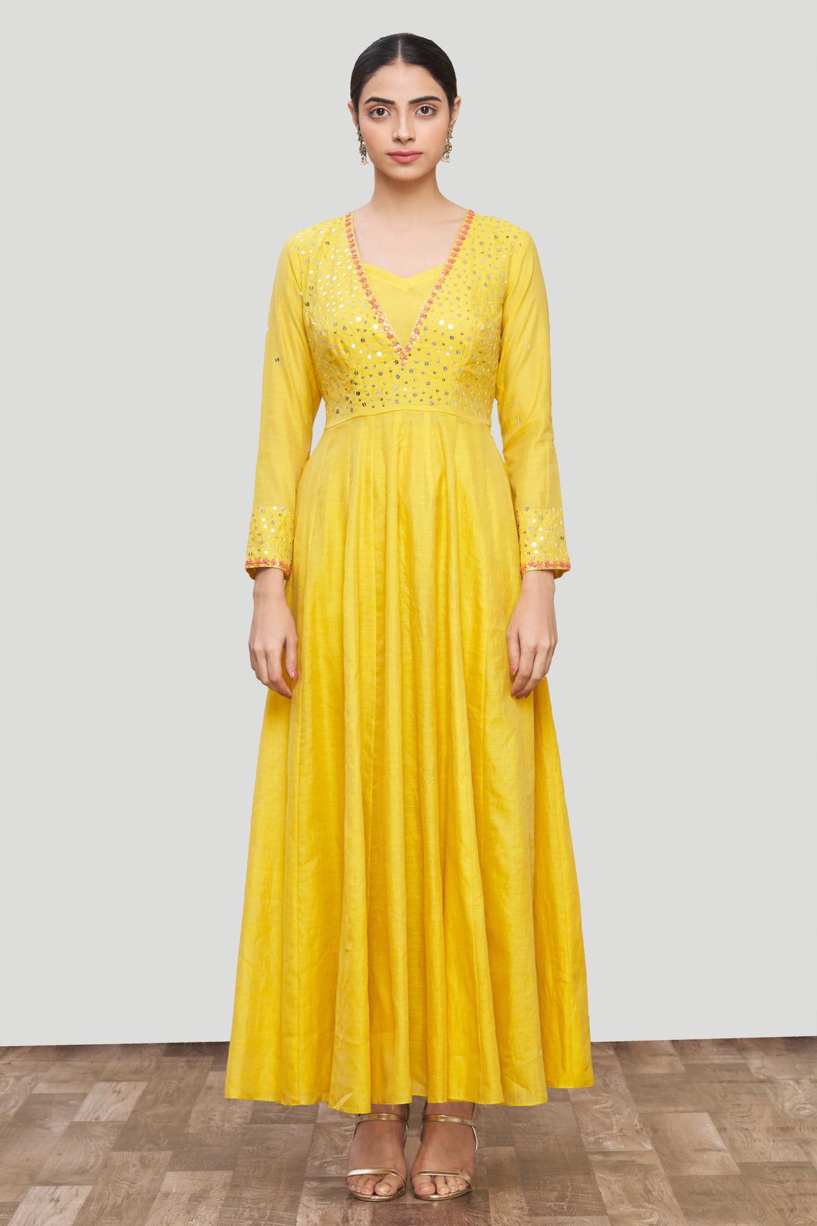 Yellow Chanderi Silk Embroidered Anarkali And Pant Set