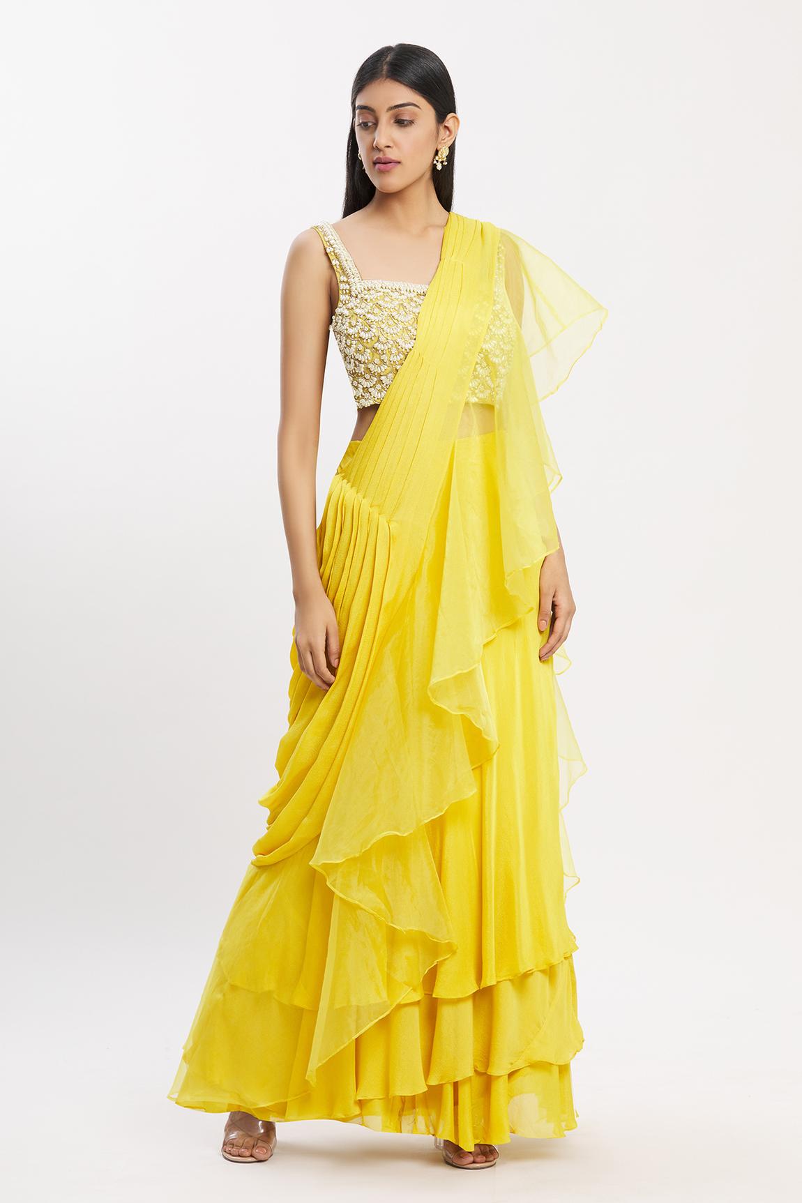 Yellow Chiffon Organza Ruffle Pre-draped Saree