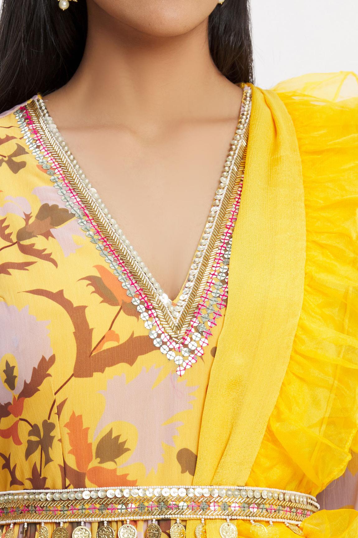 Yellow Chiffon Printed Anarkali With Dupatta