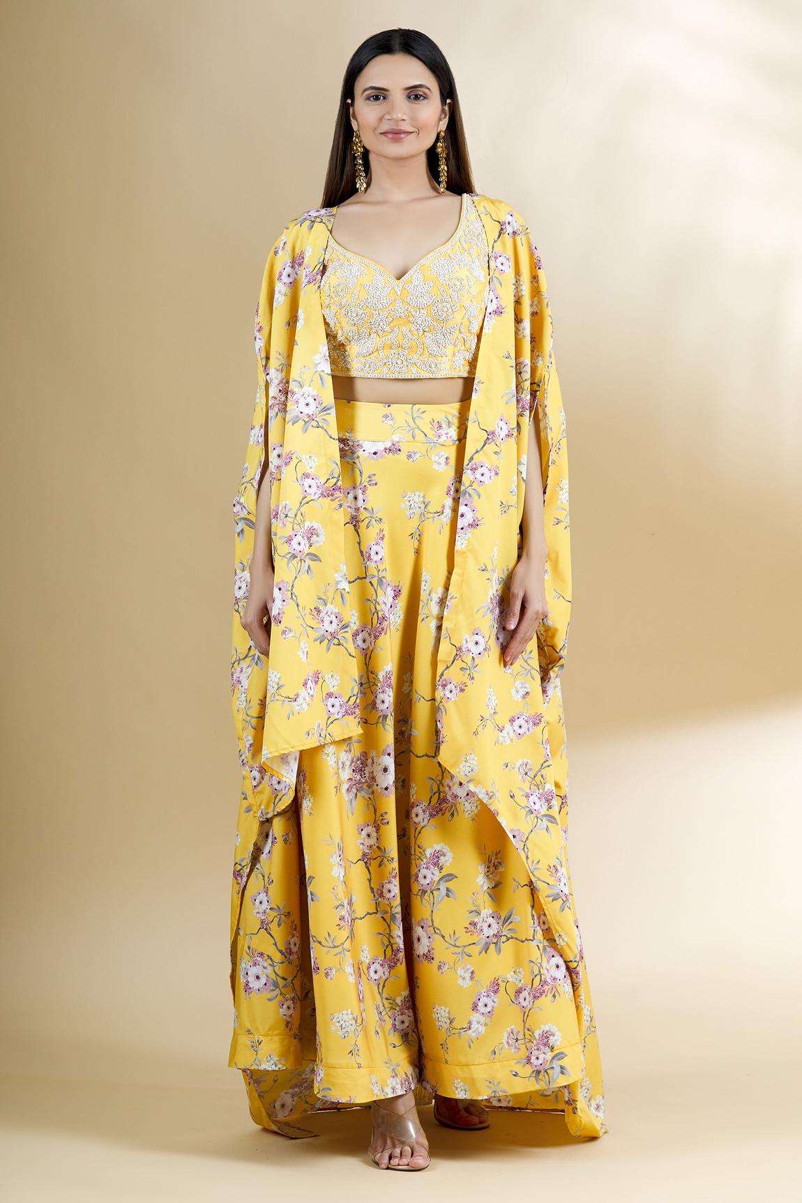 Yellow Crepe Printed Lehenga Set With Cape