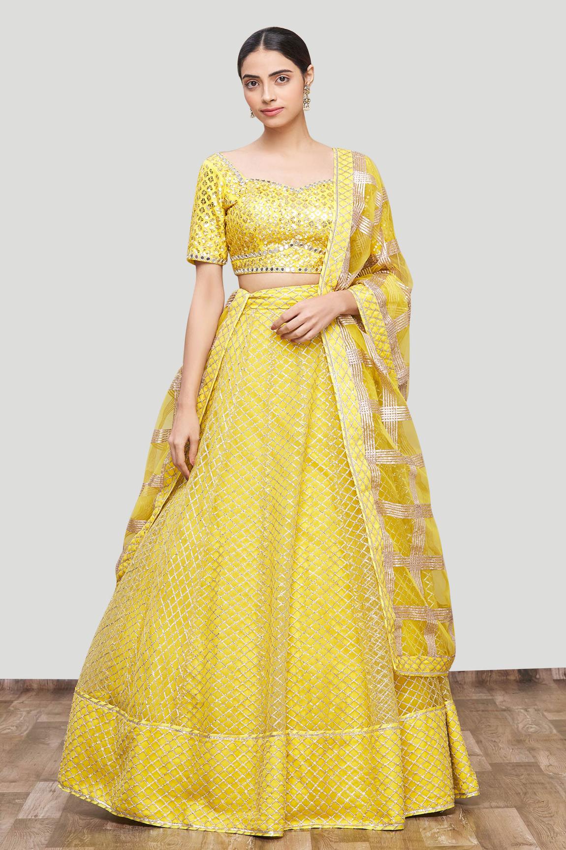 Yellow Net Embroidered Lehenga Set