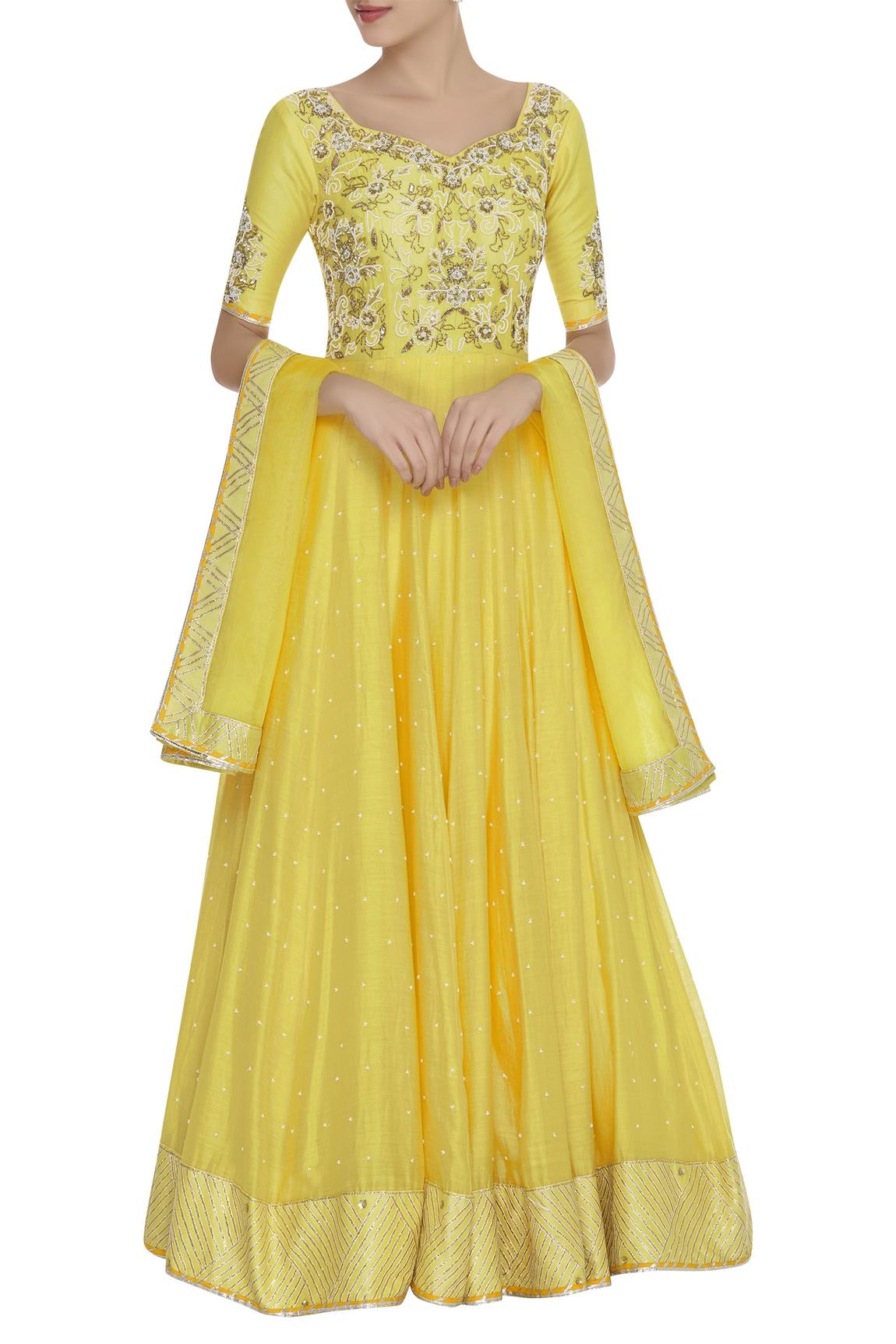 Yellow Pearl And Sequin Embrodiered Anarkali Kurta Set