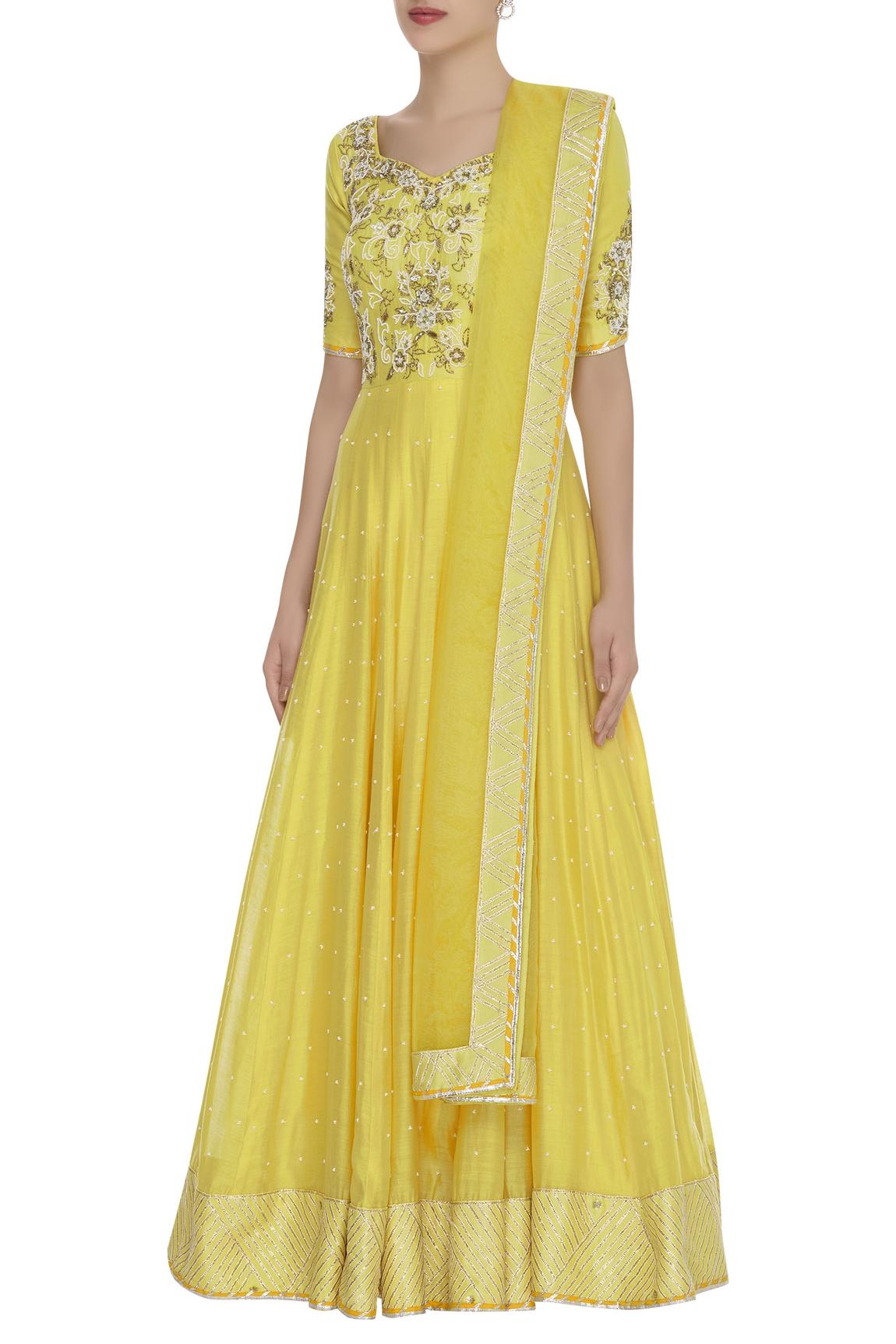 Yellow Pearl And Sequin Embrodiered Anarkali Kurta Set