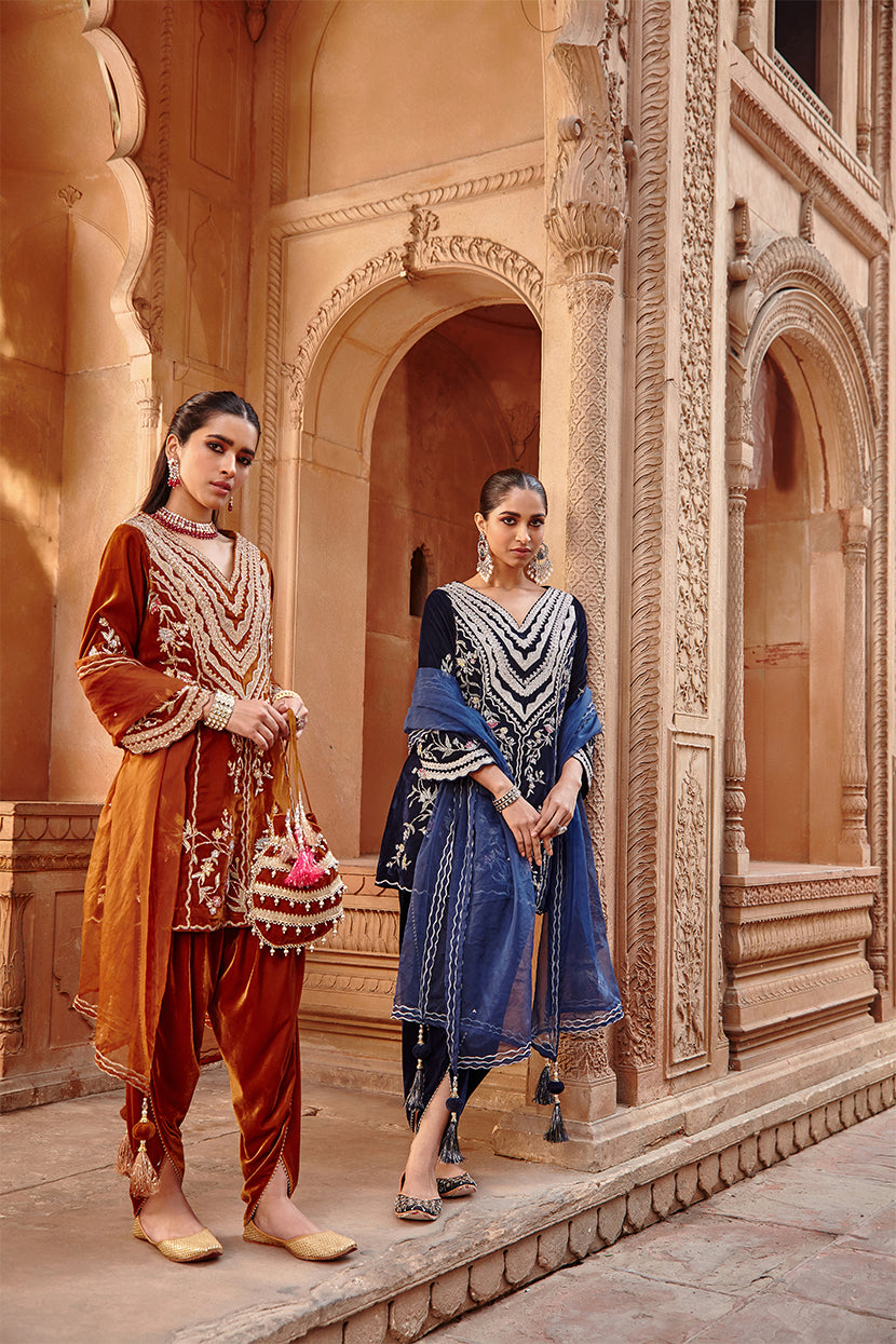 Navy Blue Velvet Kurta Dhoti Set with Structured Organza - Zahra