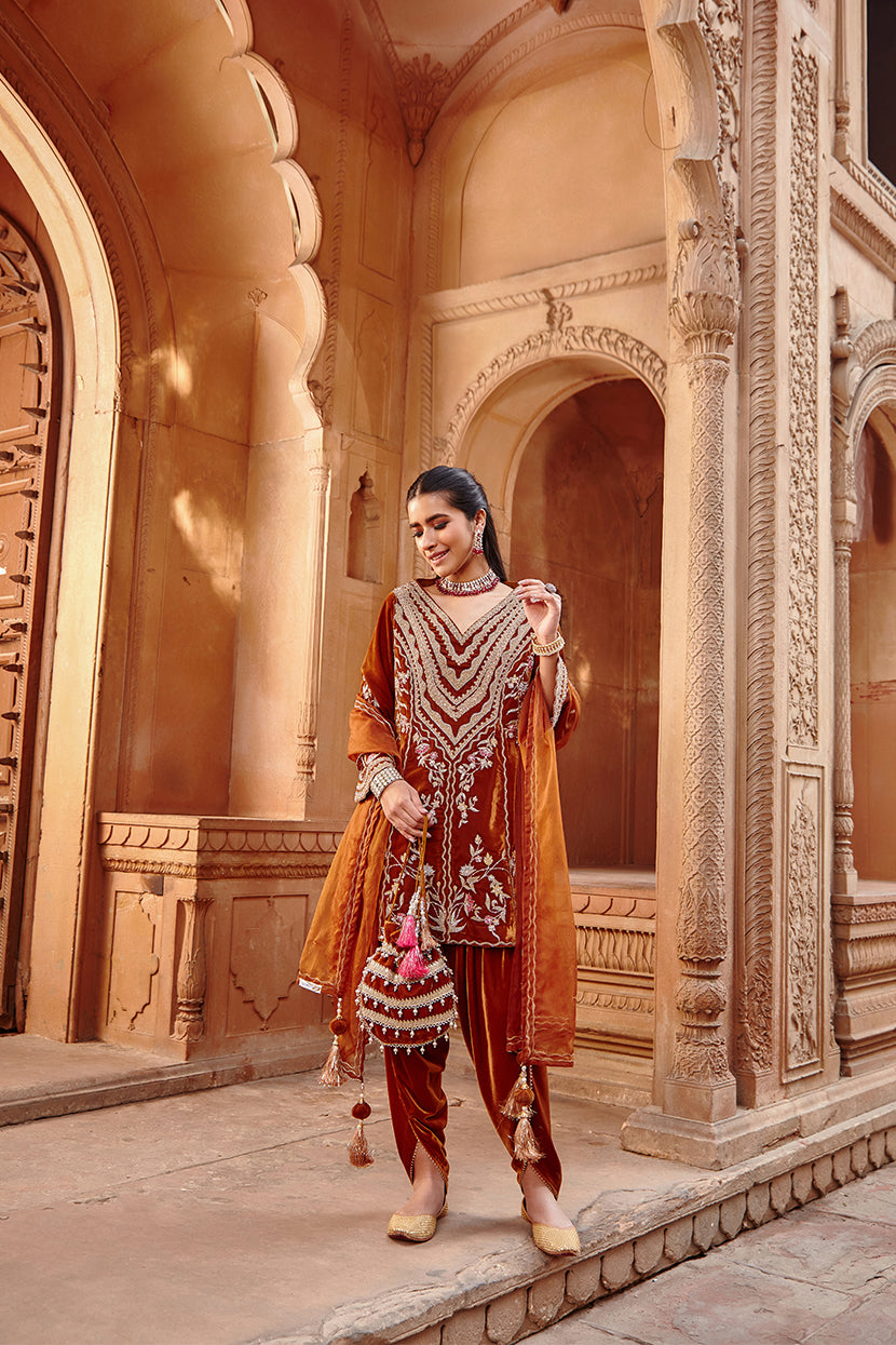 Honey Gold Velvet Kurta with Structured Organza Dupatta - Zahra