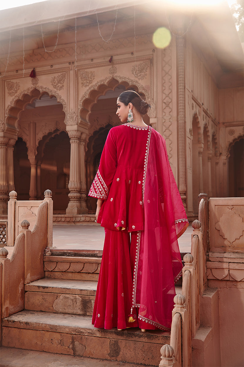 Rani Pink Velvet Dori Embroidered Kali Kurta & Garara Set