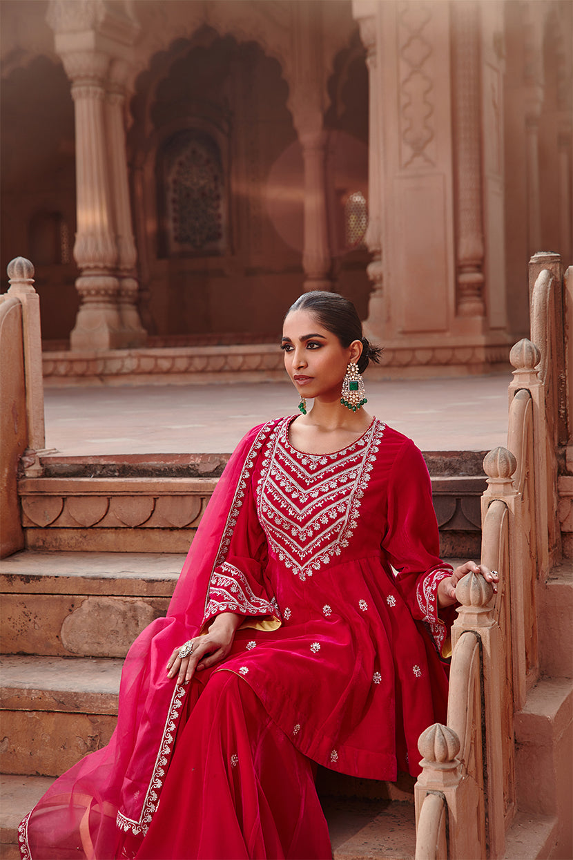 Rani Pink Velvet Dori Embroidered Kali Kurta & Garara Set