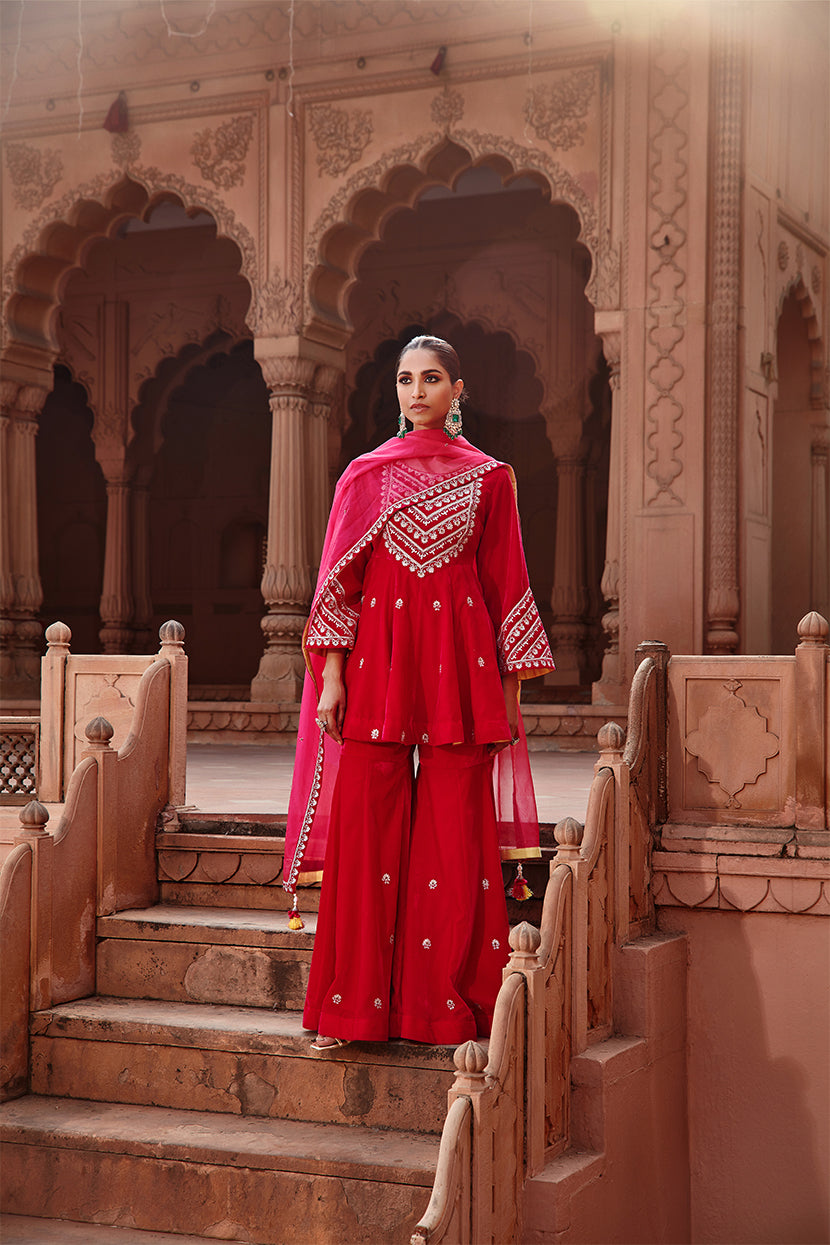 Rani Pink Velvet Dori Embroidered Kali Kurta & Garara Set