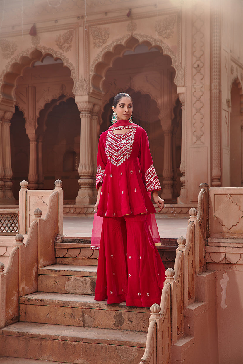 Rani Pink Velvet Dori Embroidered Kali Kurta & Garara Set