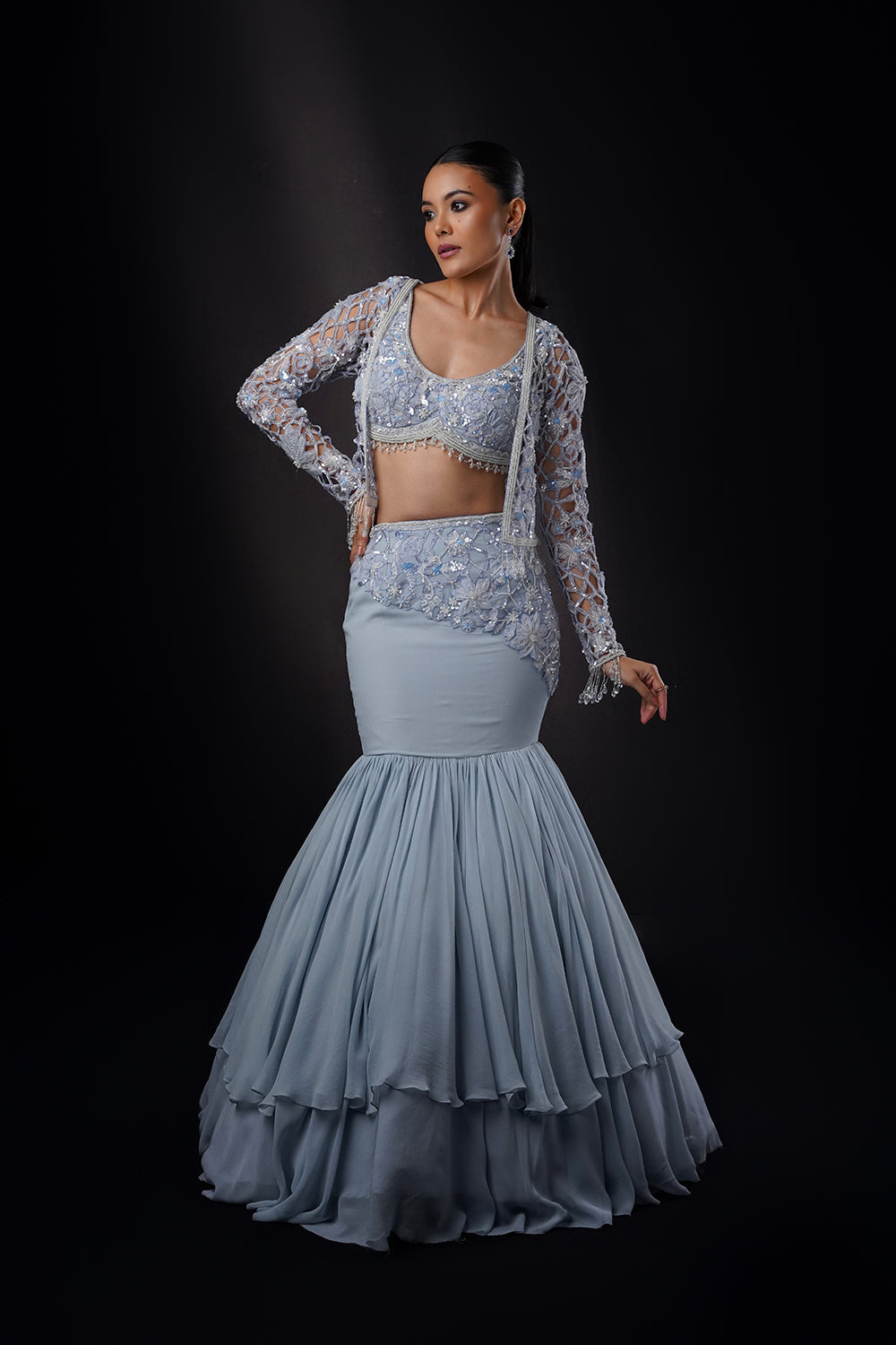 "Zinnia" Sky Blue Cutwork Jacket Fiscut Lehenga Set