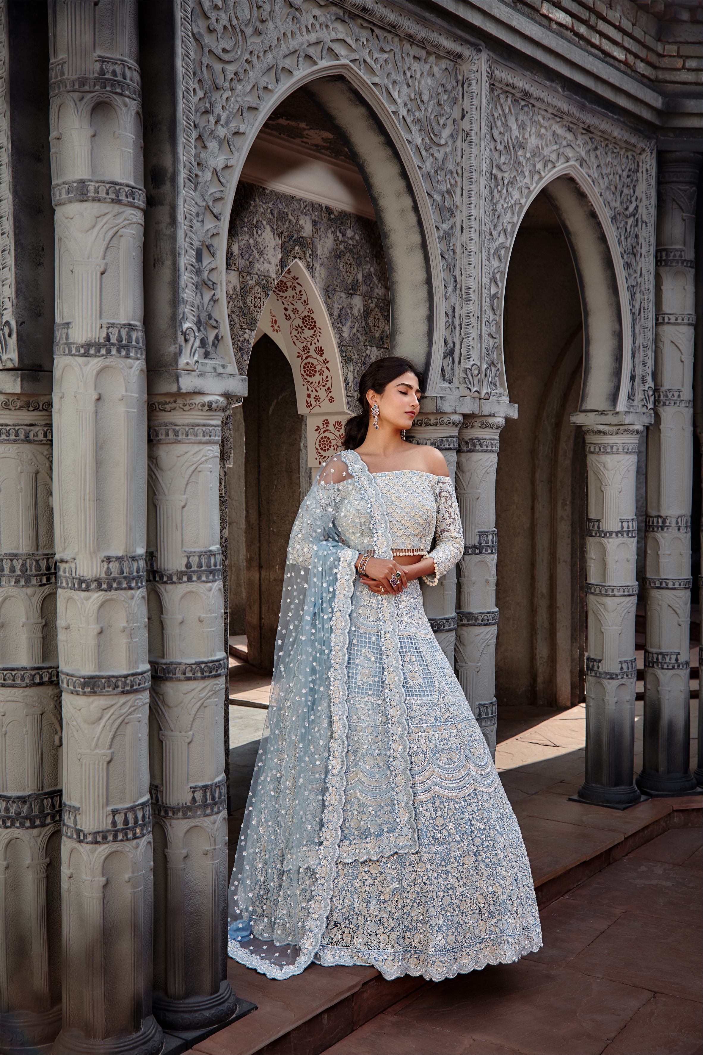 Powder Blue Net Lehenga Set with Off-Shoulder Choli & Sequins