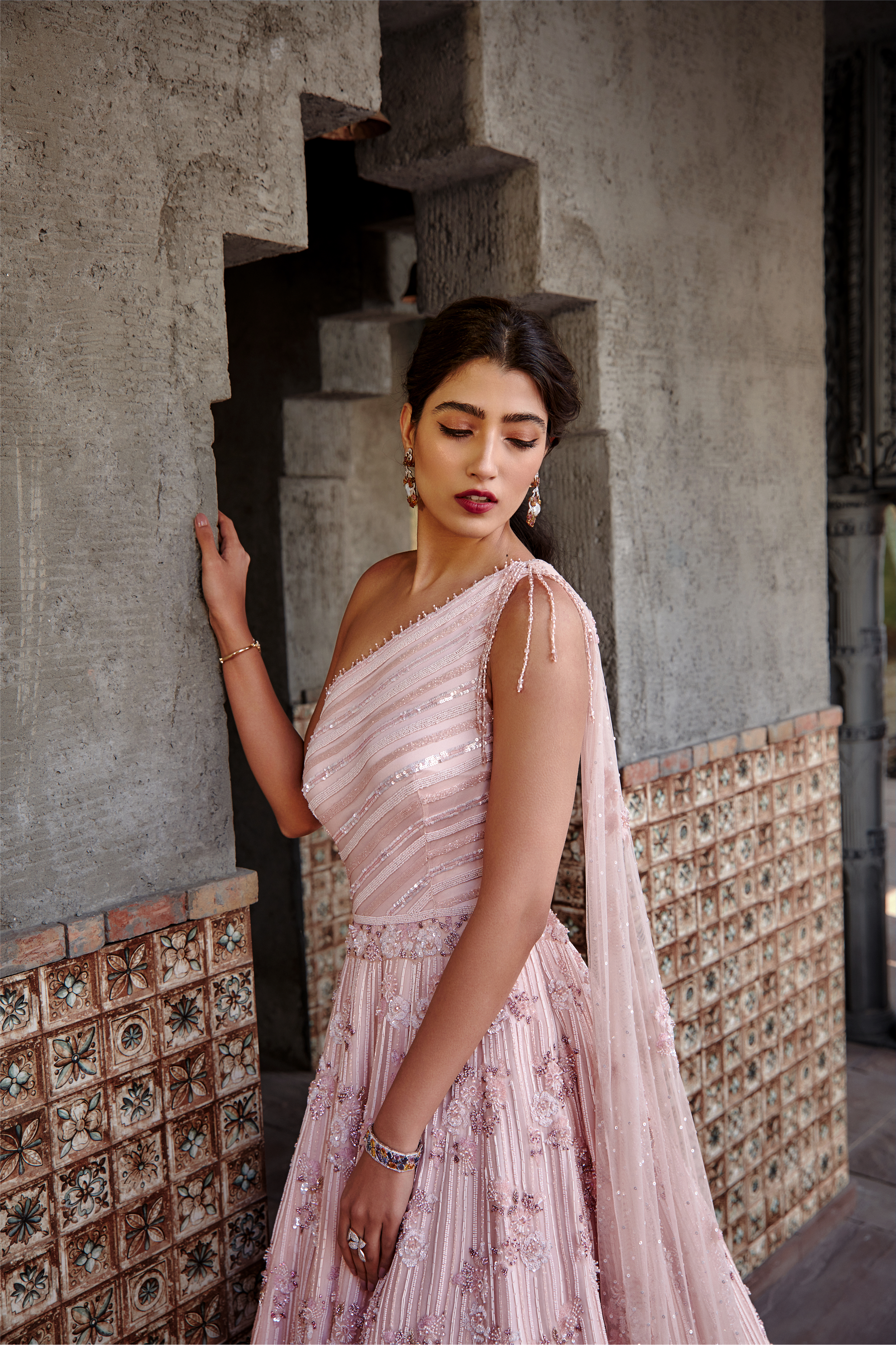 Blush Pink Organza One Shoulder Gown with Embellished Net Drape