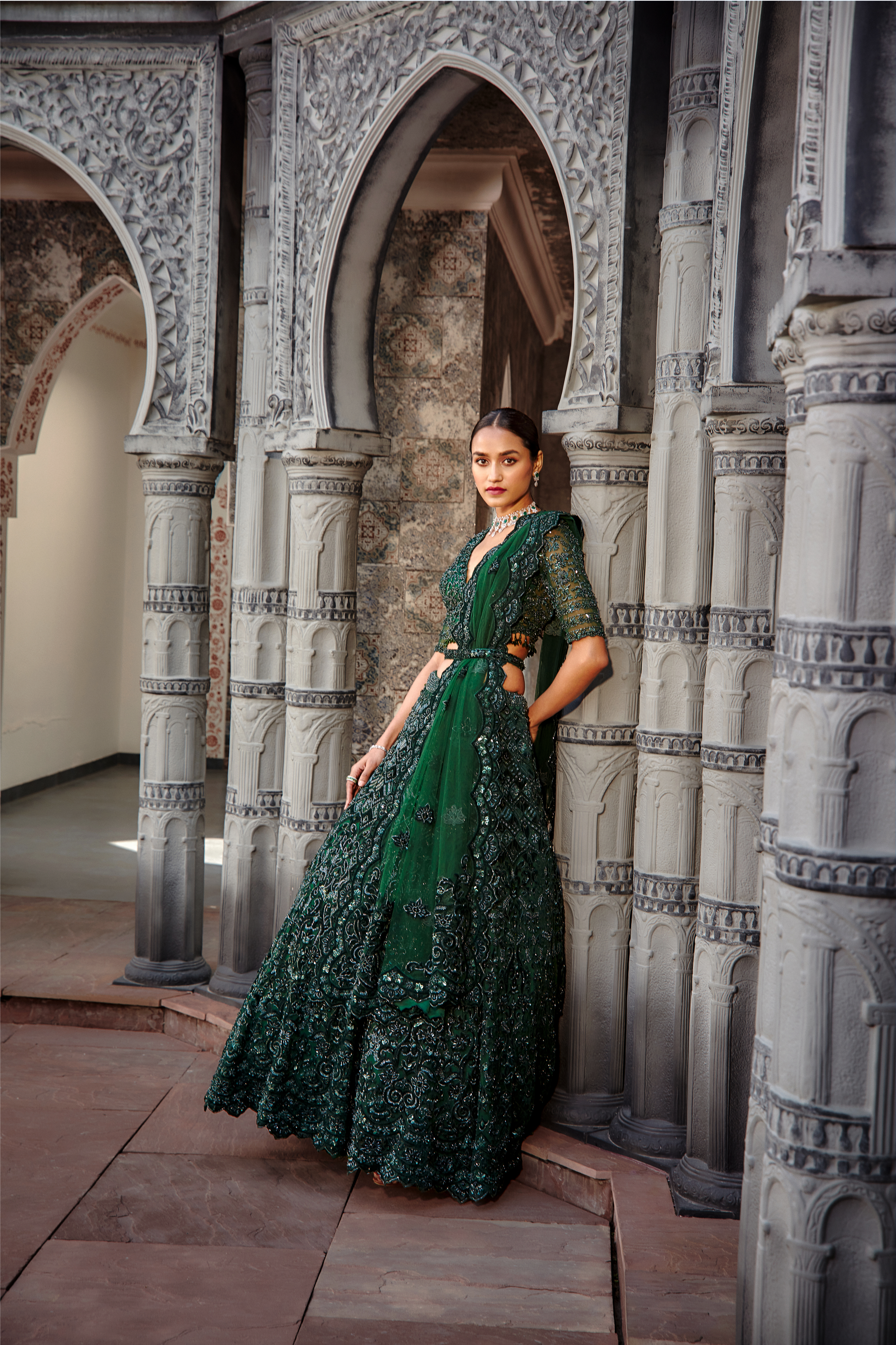 Bottle Green Velvet Applique Tulle Lehenga Set for Weddings