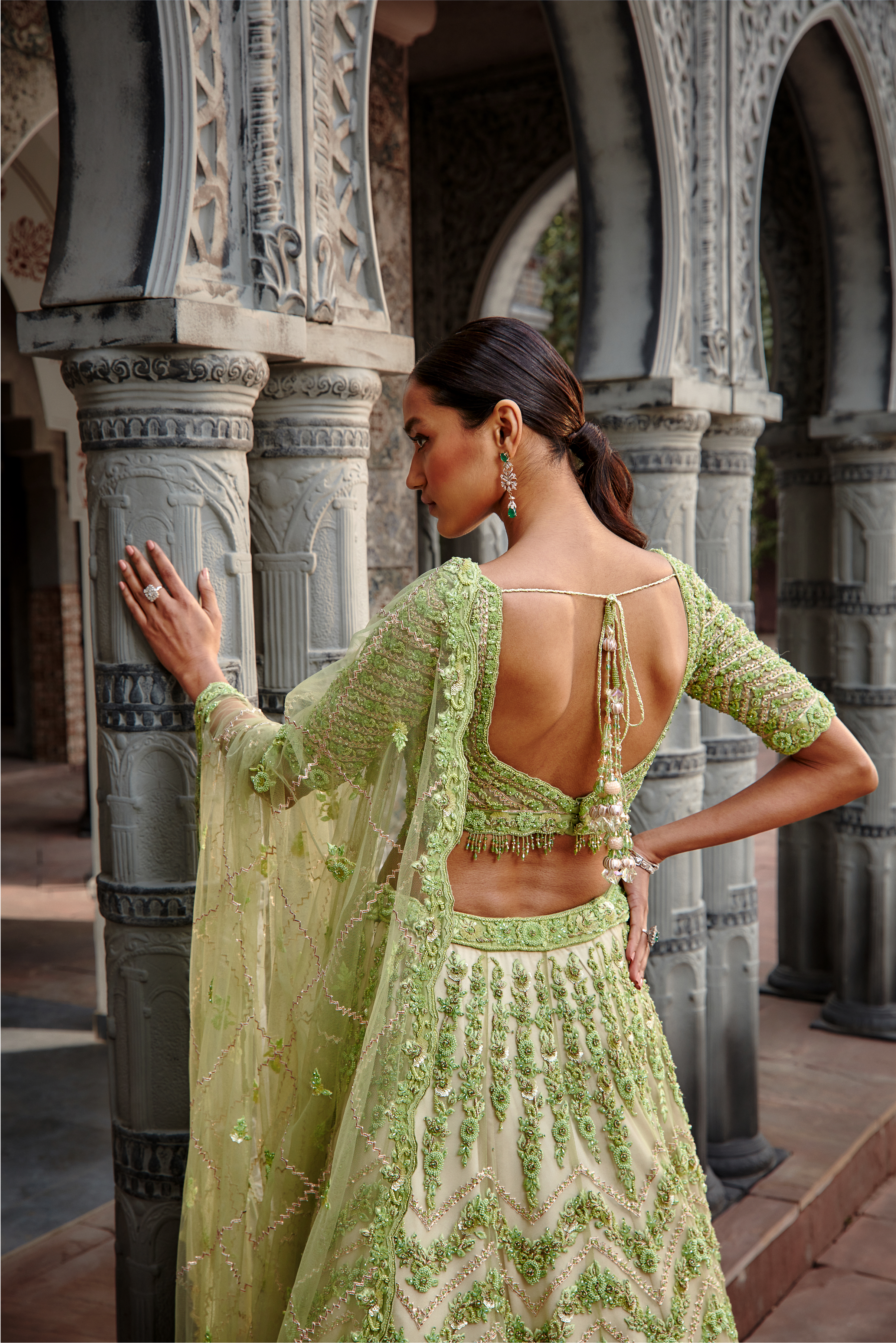 Ivory Lime Gota Resham Crystal Lehenga Set for Luxury Weddings