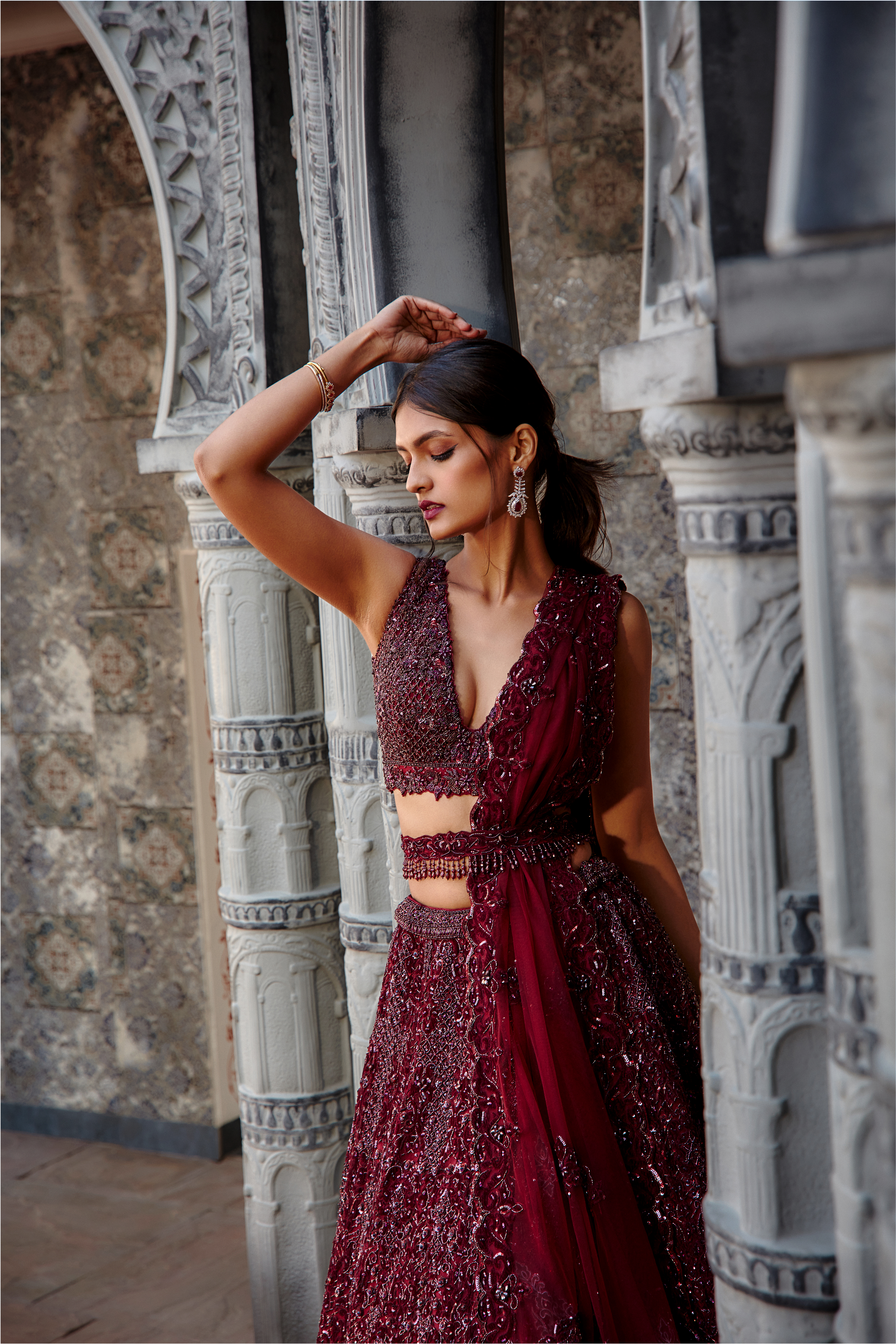 Deep Burgundy Tulle Lehenga Set | Hand-Embellished Wedding Wear