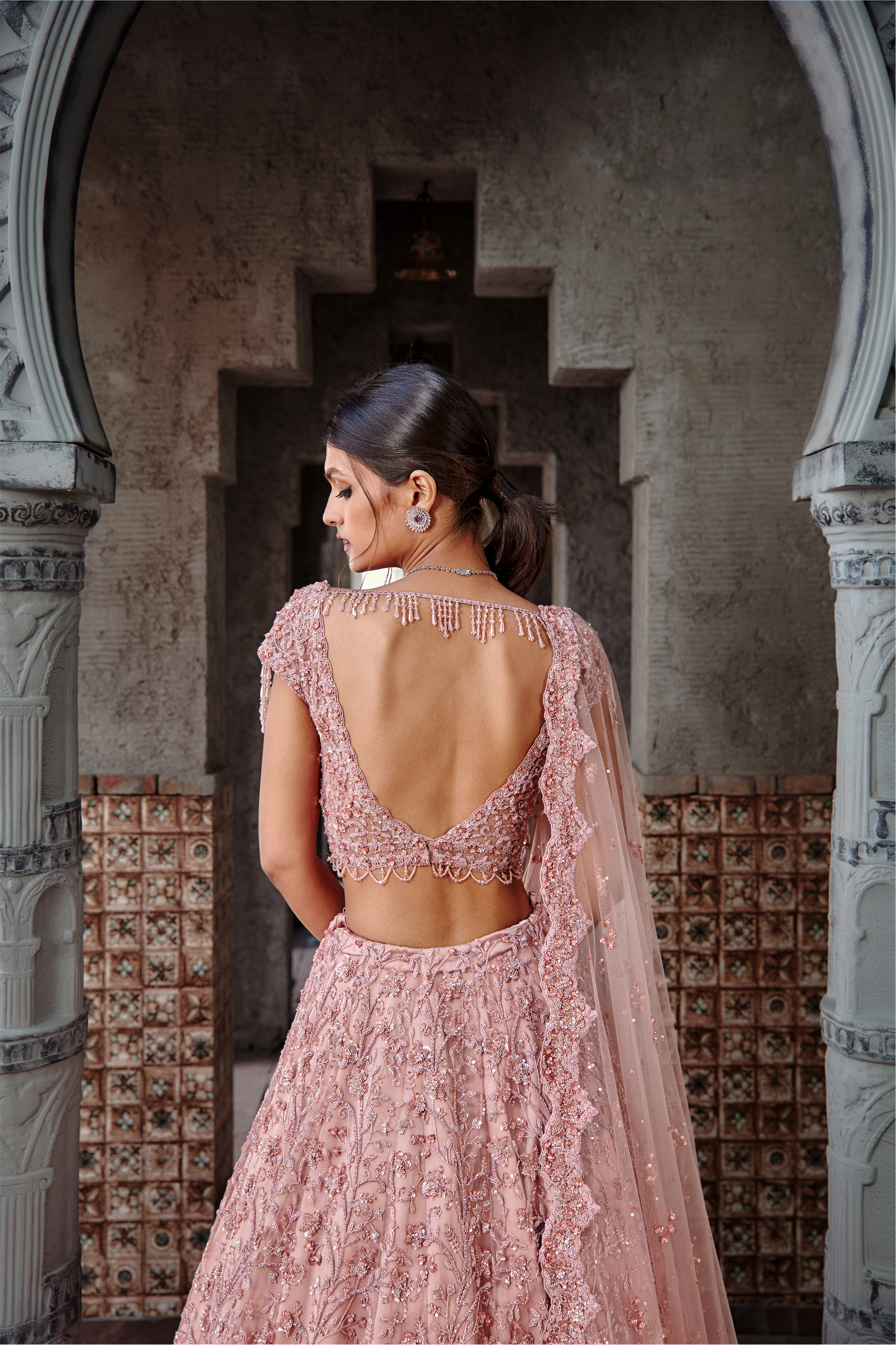 Dusty Coral Tulle Lehenga Set with Sequin Floral Jaal