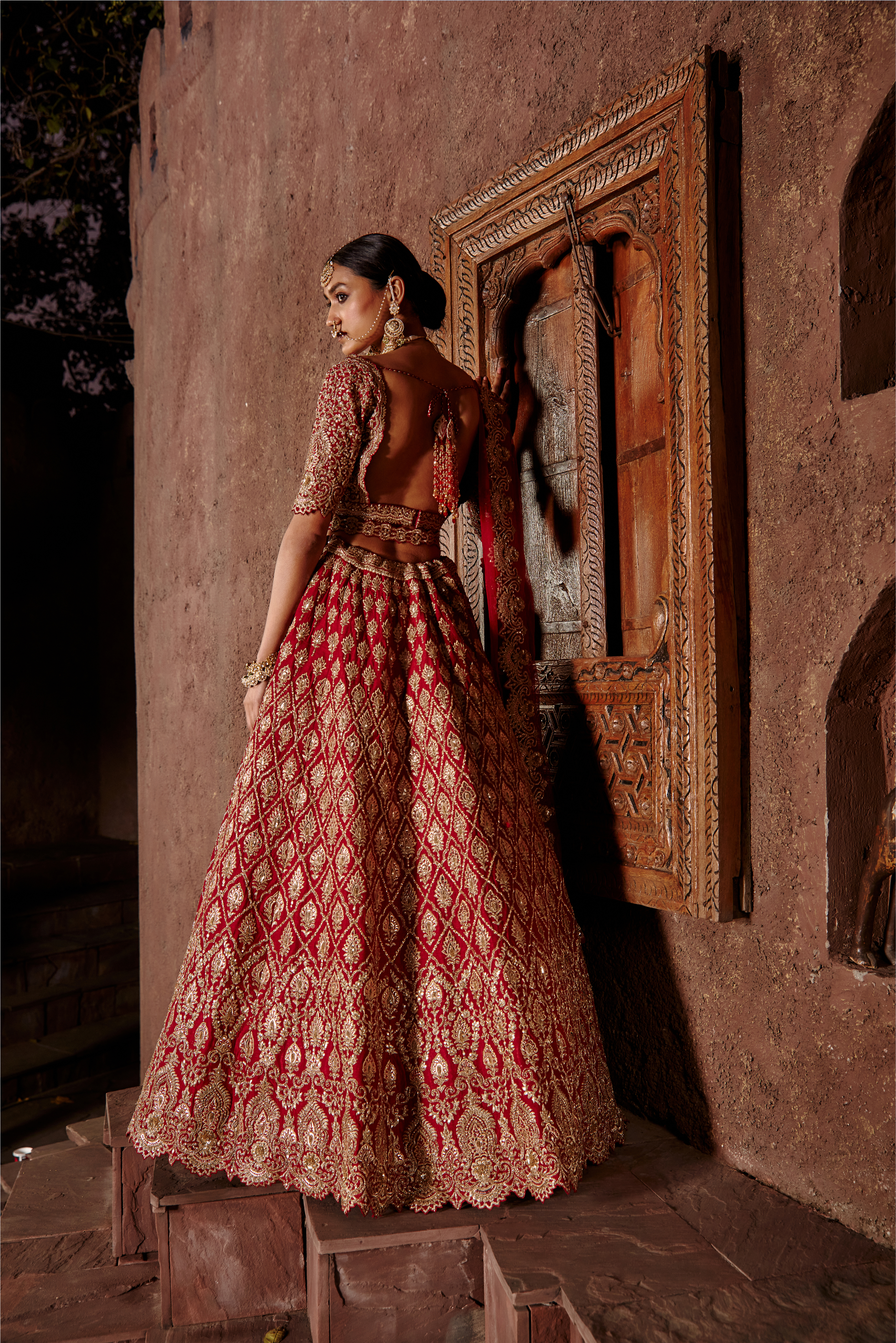 Red Raw Silk Lehenga Set with Leather Applique | Bridal Couture