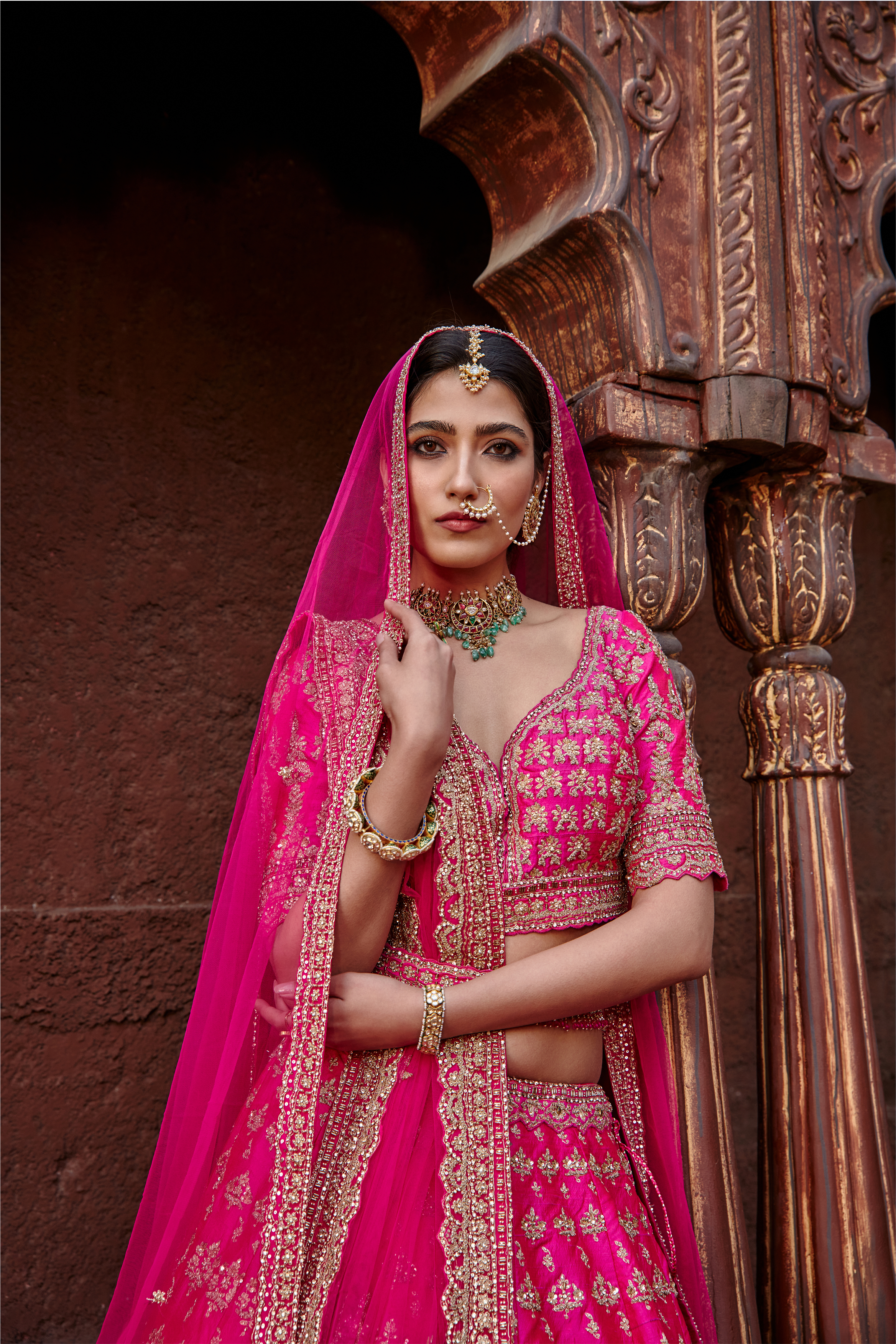 Fuchsia Raw Silk Lehenga Set with Antique Zari Embroidery