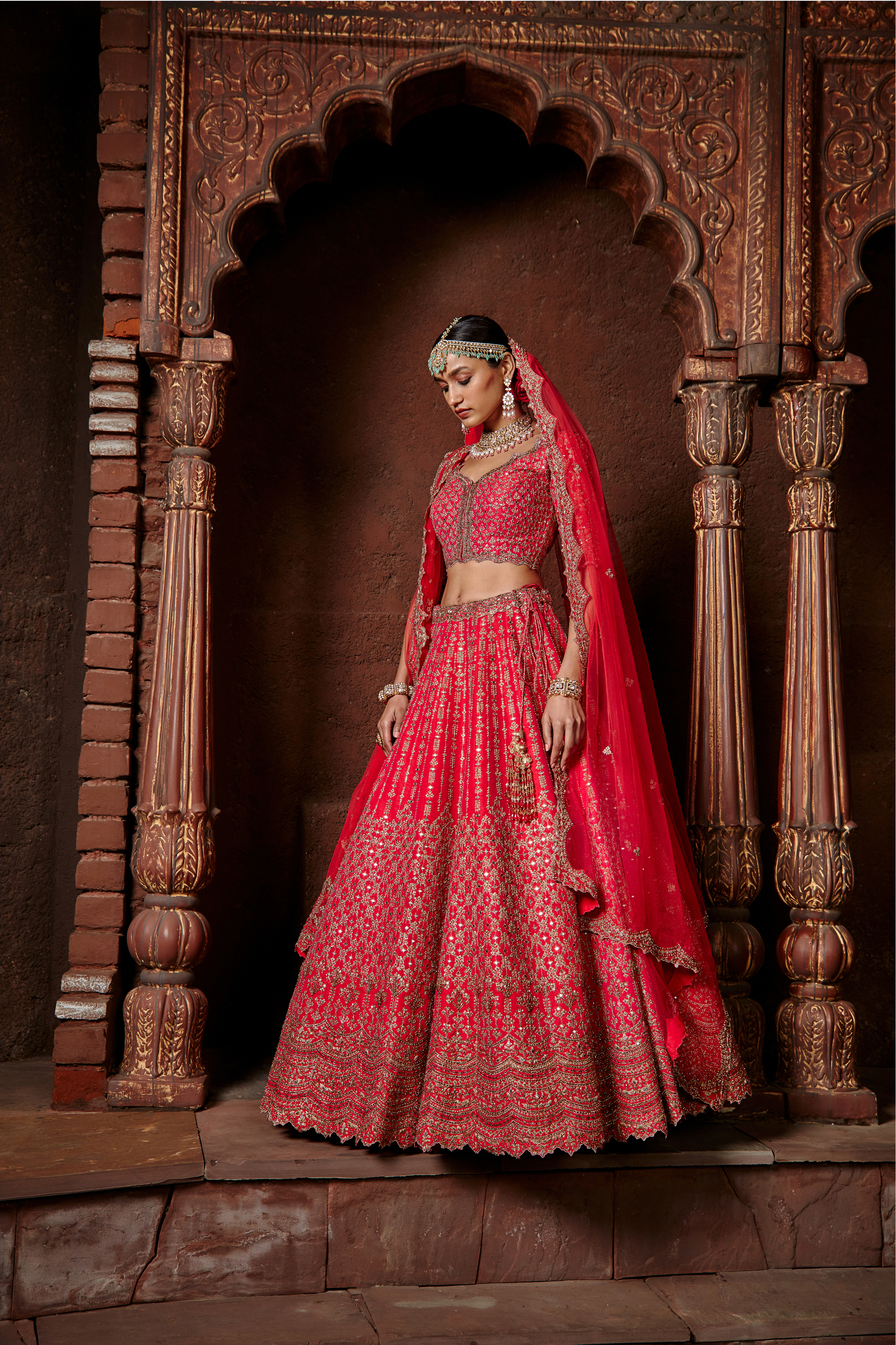 Fuchsia Red Raw Silk Lehenga with Gold Zari and Mirror Work