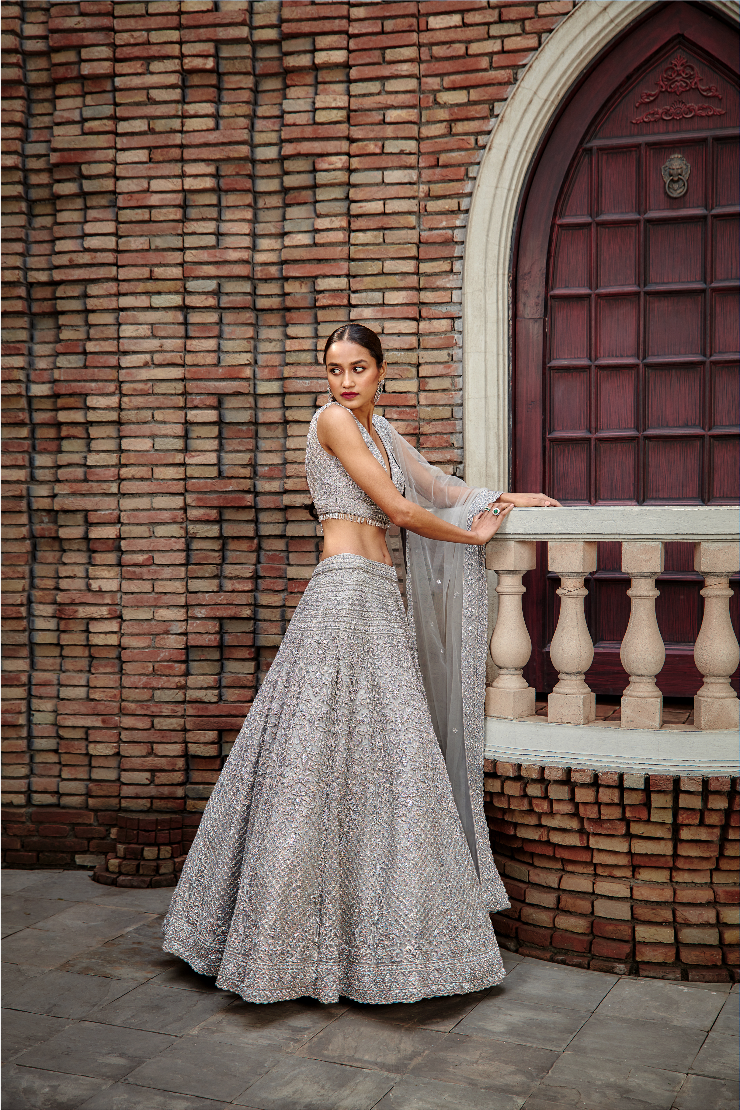 Silver Grey Tulle Lehenga Set with Intricate Zari & Crystals