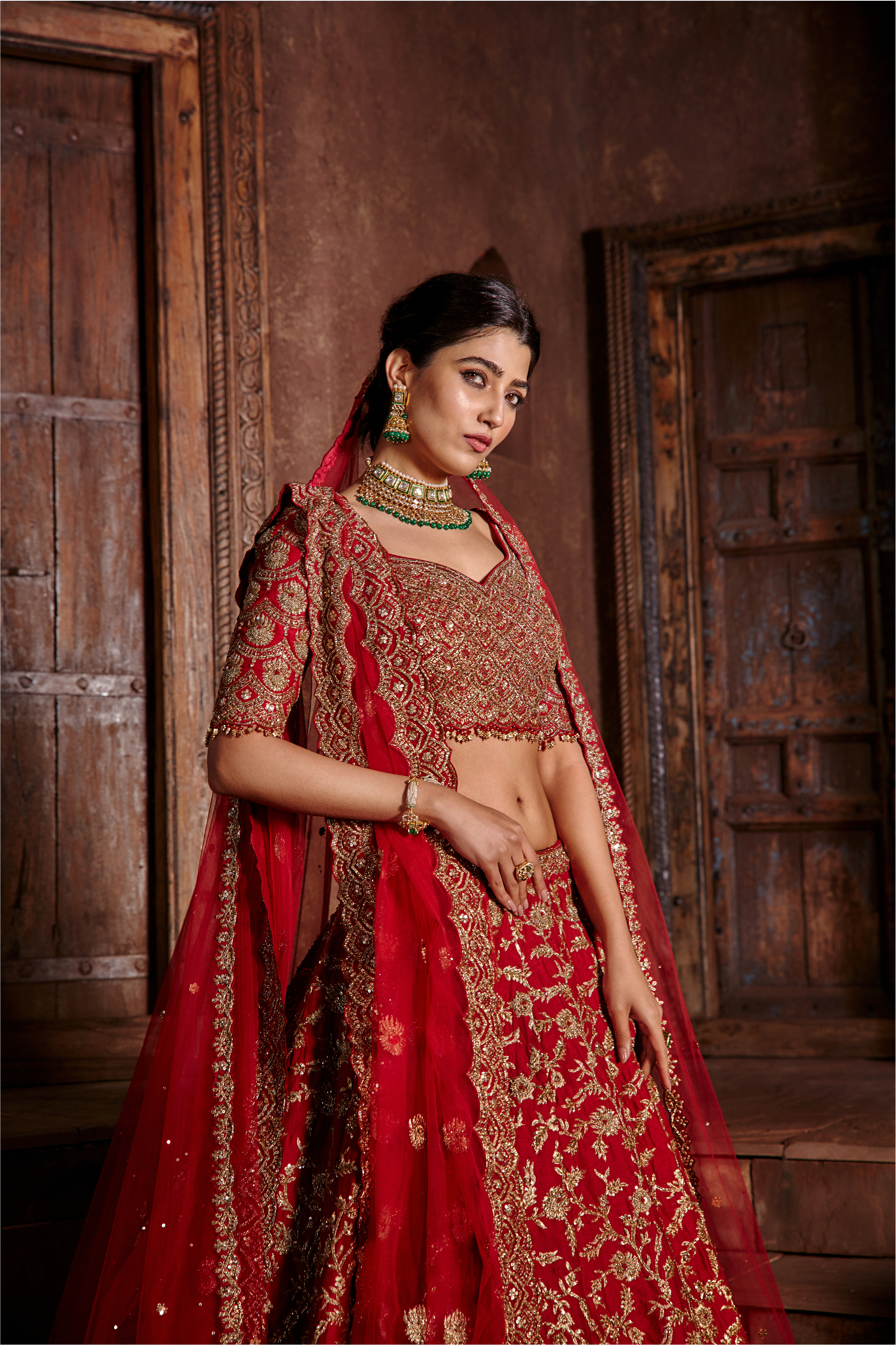 Deep Scarlet Red Raw Silk Lehenga with Antique Zari Work