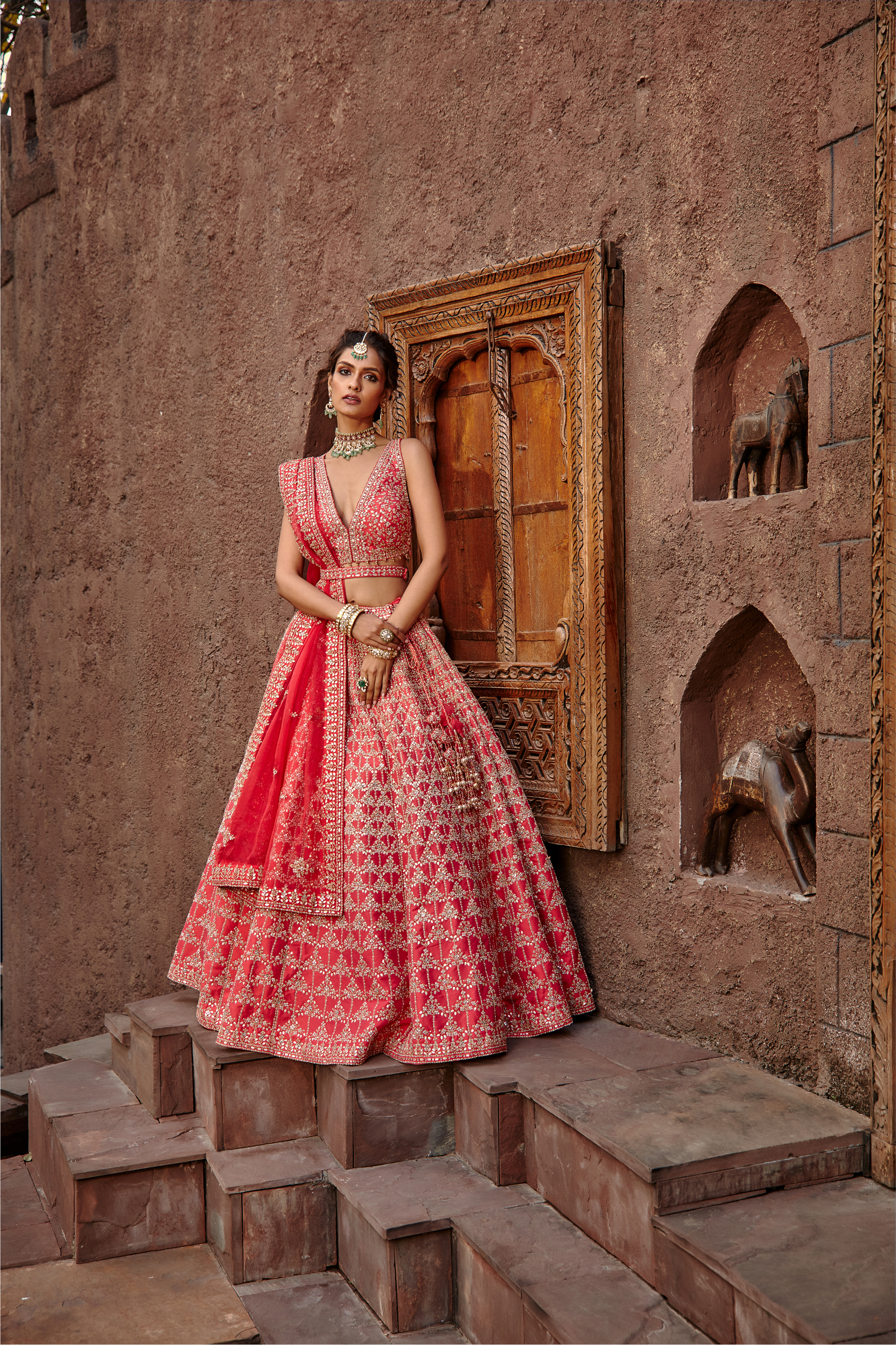 Coral Raw Silk Gota Work Lehenga Set for Bridal Occasions