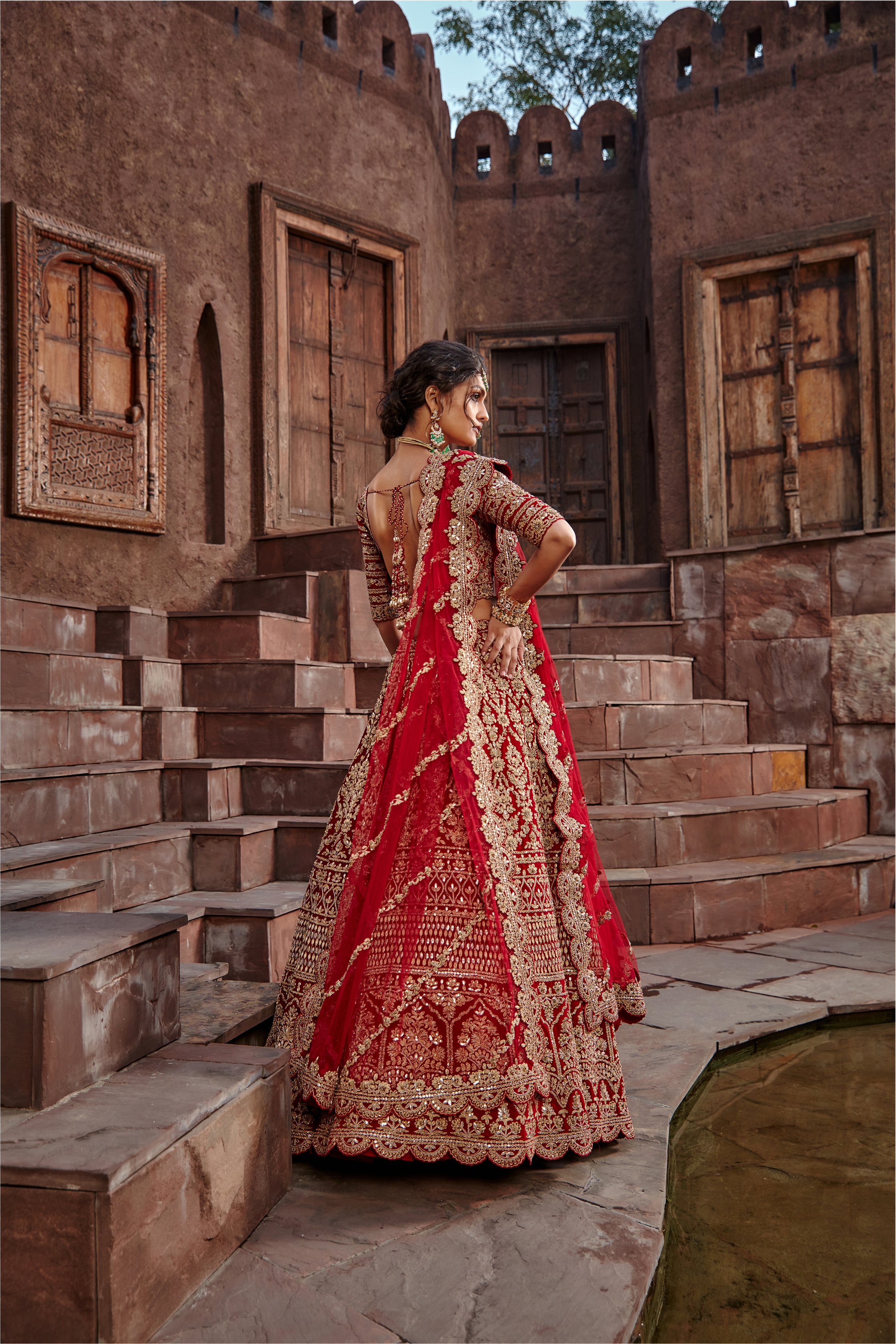 Blood Red Velvet Dori Lehenga Set with Gota and Dabka Work