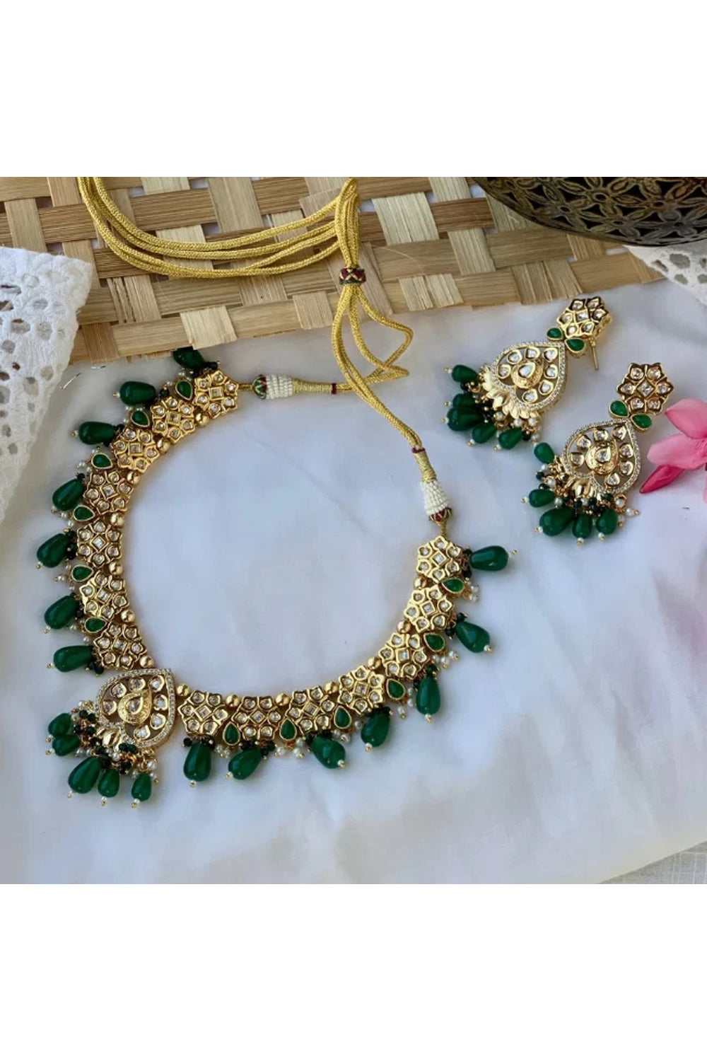 Kundan Polki Necklace Set With Green Beads Drop - Auraya Fashion - Putstyle - #tag1# - #tag2# - #tag3# - #tag3#