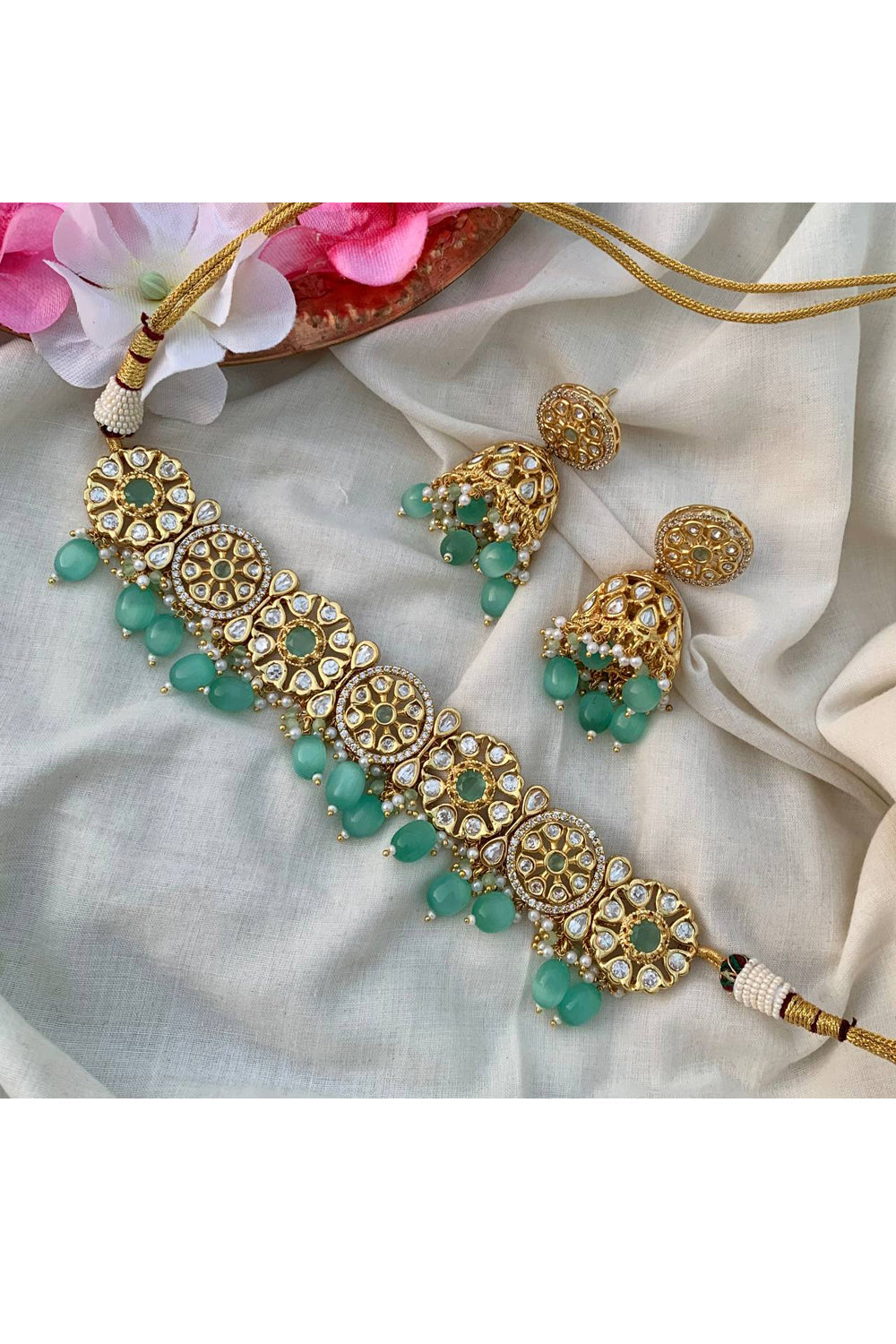 Mint Green Jadau Kundan Choker Set With Drops - Auraya Fashion - Putstyle - #tag1# - #tag2# - #tag3# - #tag3#