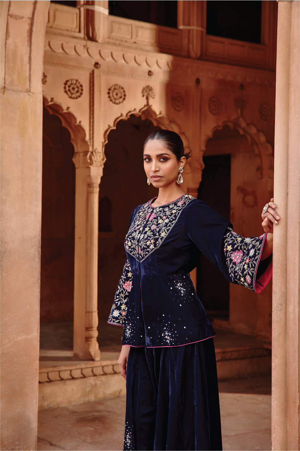 Navy Blue Embroidered Velvet Jacket and Sharara Set - Afreen