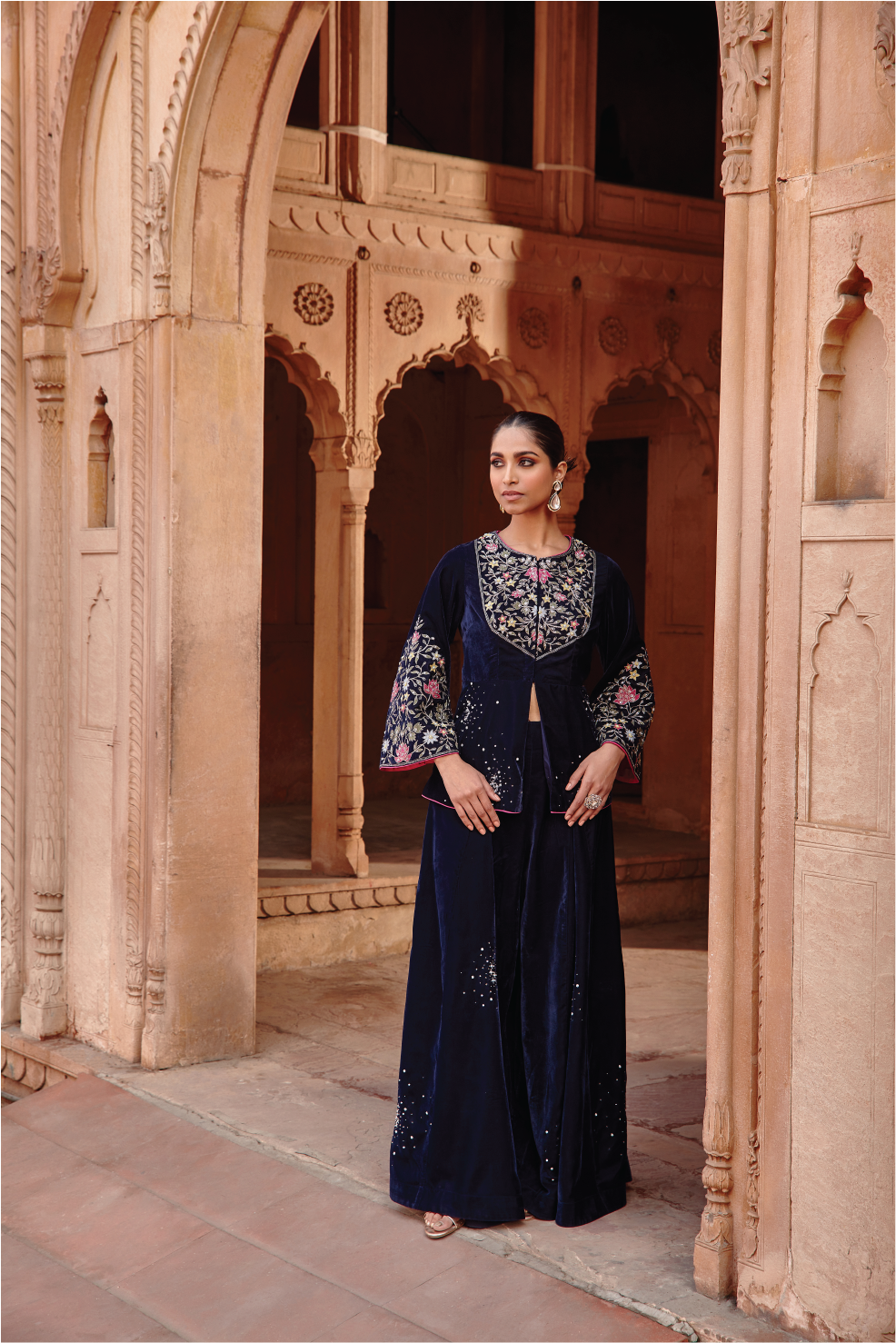 Navy Blue Embroidered Velvet Jacket and Sharara Set - Afreen