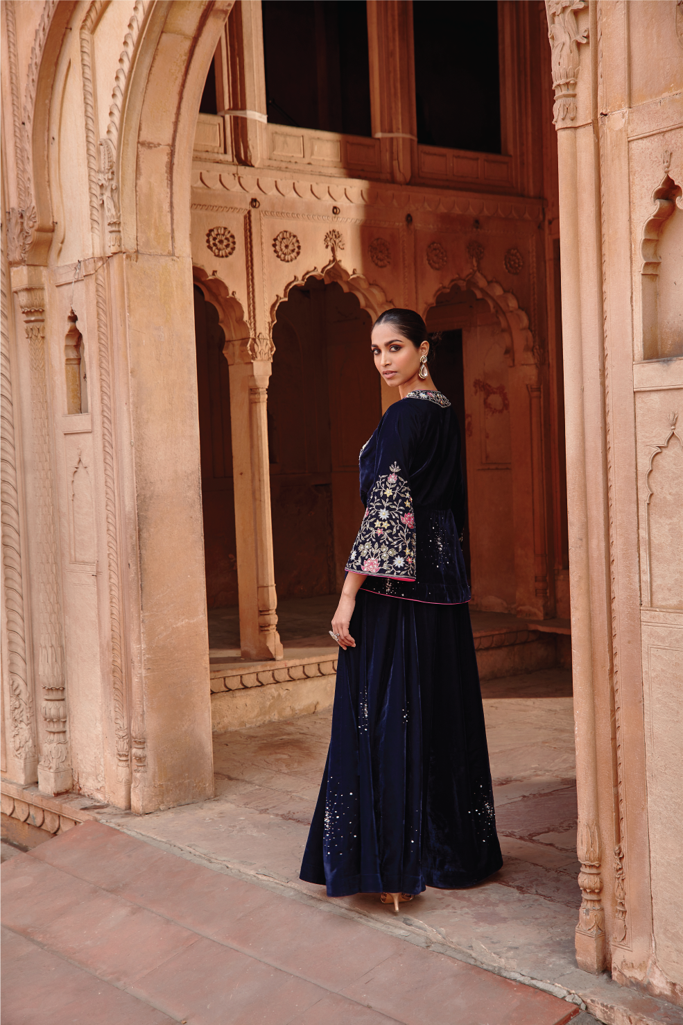 Navy Blue Embroidered Velvet Jacket and Sharara Set - Afreen