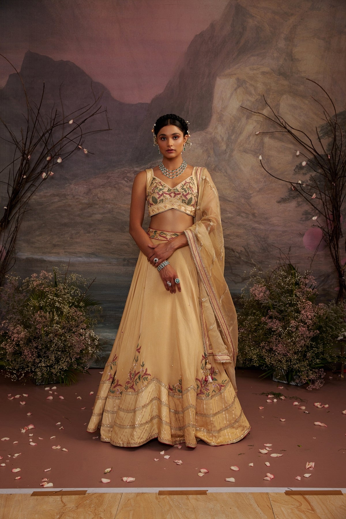 Honey Gold Embroidered Silk Lehenga Set with Crystal Bead Work