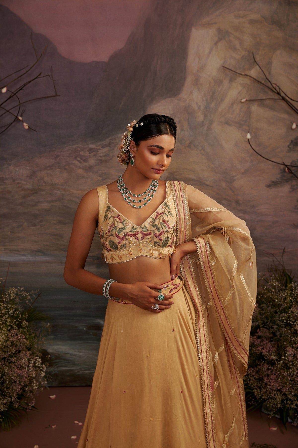 Honey Gold Embroidered Silk Lehenga Set with Crystal Bead Work